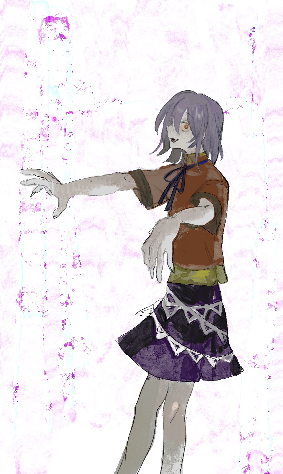 cerevevisiae, miyako yoshika, touhou, commentary request, highres, 1girl, black ribbon, colored sclera, colored skin, feet out of frame, grey skin, hair between eyes, jiangshi, looking at viewer, neck ribbon, no headwear, open mouth, orange sclera, outstretched arms, purple hair, purple skirt, red eyes, red shirt, ribbon, shirt, short hair, short sleeves, skirt, smile, solo, standing, zombie pose