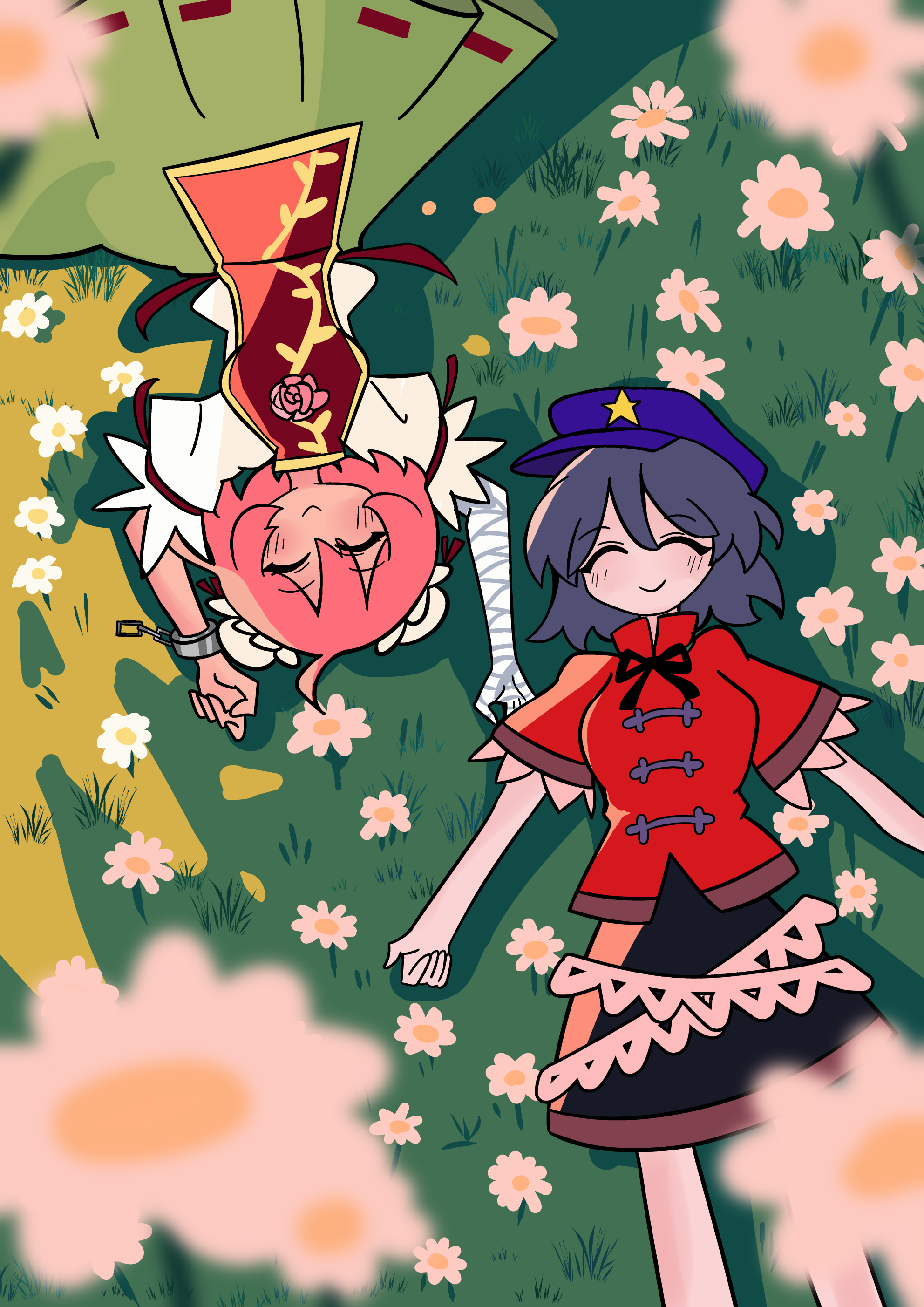 ibaraki kasen, miyako yoshika, touhou, absurdres, commentary request, highres, 2girls, bandaged arm, bandages, black ribbon, black skirt, breasts, chinese clothes, closed eyes, closed mouth, feet out of frame, field, flower, flower field, green skirt, grey hair, hat, hat ornament, jiangshi, lying, medium breasts, multiple girls, neck ribbon, newsboy cap, on back, pink hair, purple hat, que si tian yu ze, red shirt, red tabard, ribbon, shirt, short hair, short sleeves, skirt, smile, star (symbol), star hat ornament, tabard, tangzhuang, upside-down, white flower, white shirt