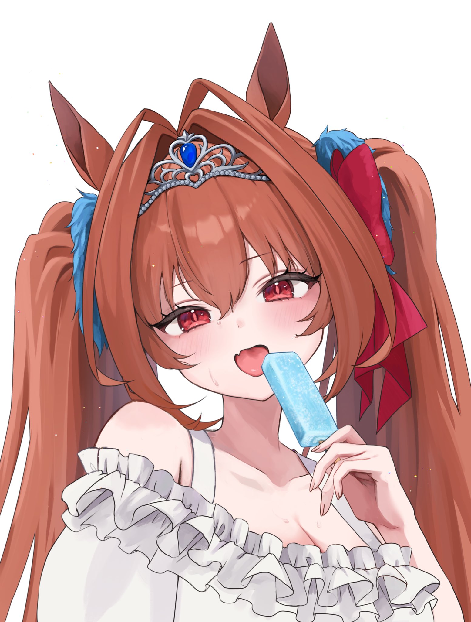 yamaro (yamaro0), daiwa scarlet (casual) (umamusume), daiwa scarlet (umamusume), umamusume, commentary request, highres, 1girl, :d, animal ears, bare shoulders, blush, breasts, brown hair, cleavage, food, hair intakes, holding, holding food, holding popsicle, horse ears, horse girl, long hair, looking at viewer, off shoulder, open mouth, popsicle, red eyes, simple background, smile, solo, tiara, upper body, white background