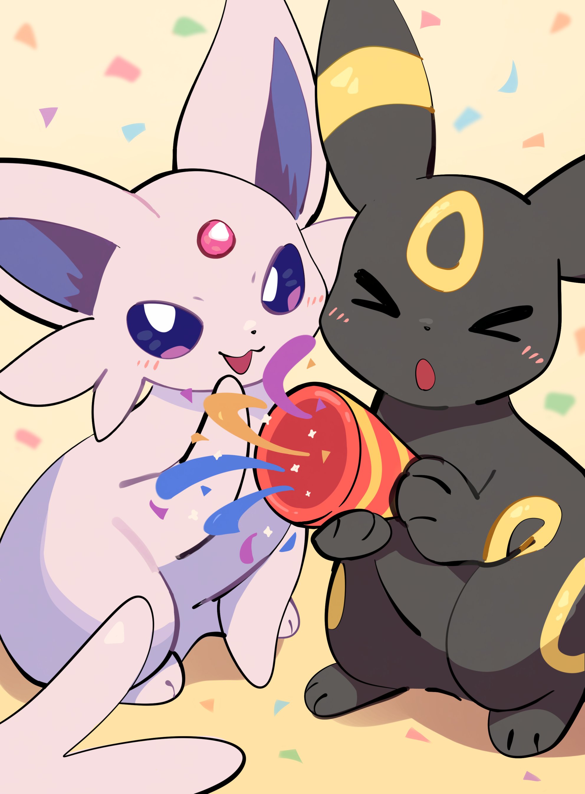 komanychi, espeon, umbreon, nintendo, pokemon, absurdres, commentary, english commentary, highres, > <, animal focus, black fur, closed eyes, colored sclera, confetti, forehead jewel, forked tail, gem, gen 2 pokemon, no humans, open mouth, party popper, pokemon (creature), pokemon focus, purple fur, purple sclera, red gemstone, smile, tail