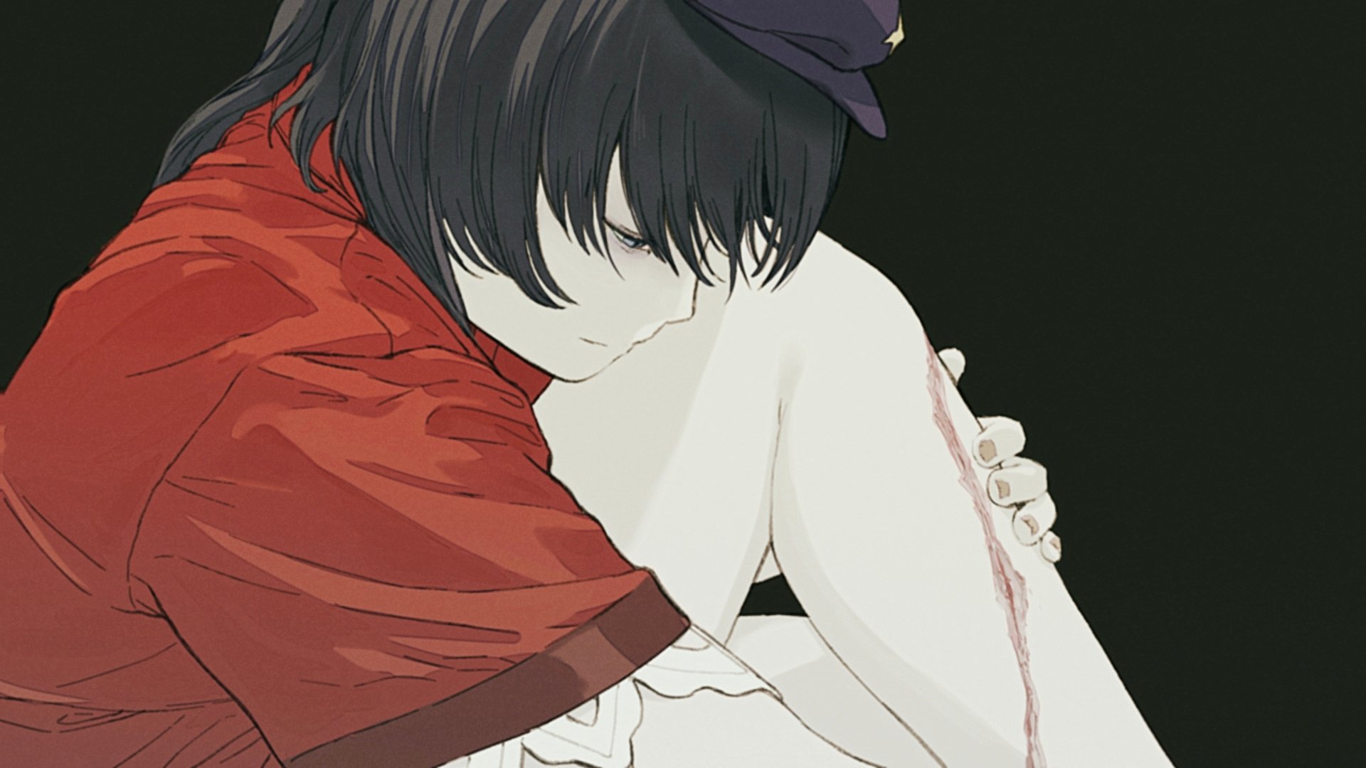 ladenaku, miyako yoshika, touhou, commentary request, highres, 1girl, black background, black hair, closed mouth, cuts, expressionless, fingernails, grey eyes, hat, hat ornament, hugging own legs, injury, newsboy cap, pale skin, profile, purple hat, red shirt, shirt, short hair, short sleeves, simple background, sitting, solo, star (symbol), star hat ornament
