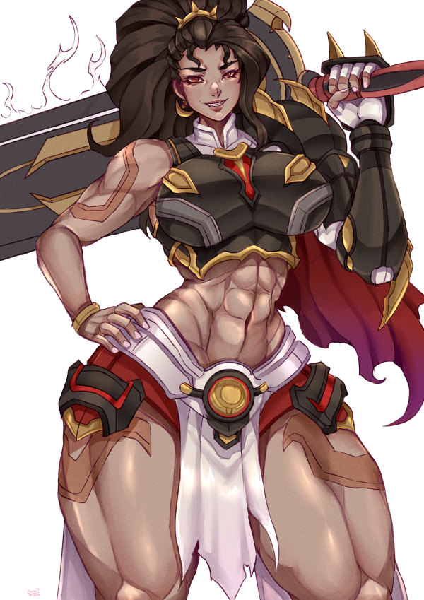 kachima, vendetta (overwatch), overwatch, 1girl, abs, bare shoulders, black hair, blush, breasts, brown hair, closed mouth, earrings, hair ornament, jewelry, large breasts, long hair, looking at viewer, muscular, muscular female, navel, ponytail, red eyes, shorts, simple background, solo, thighs