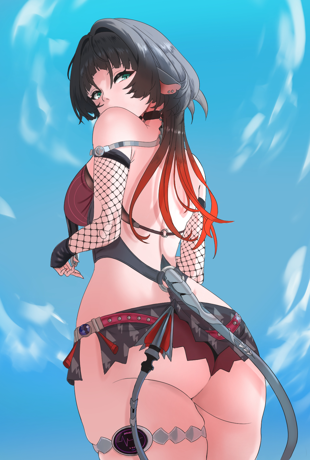 jane doe (nocturne of light) (zenless zone zero), jane doe (zenless zone zero), zenless zone zero, commentary, highres, 1girl, animal ears, ass, black hair, black one-piece swimsuit, black sarong, blue sky, bow, breasts, fishnet sleeves, fishnets, from behind, green eyes, large breasts, mouse ears, mouse girl, mouse tail, multicolored hair, official alternate costume, one-piece swimsuit, red bow, sarong, sky, solo, sorrow924, swimsuit, tail, thighs, two-tone hair