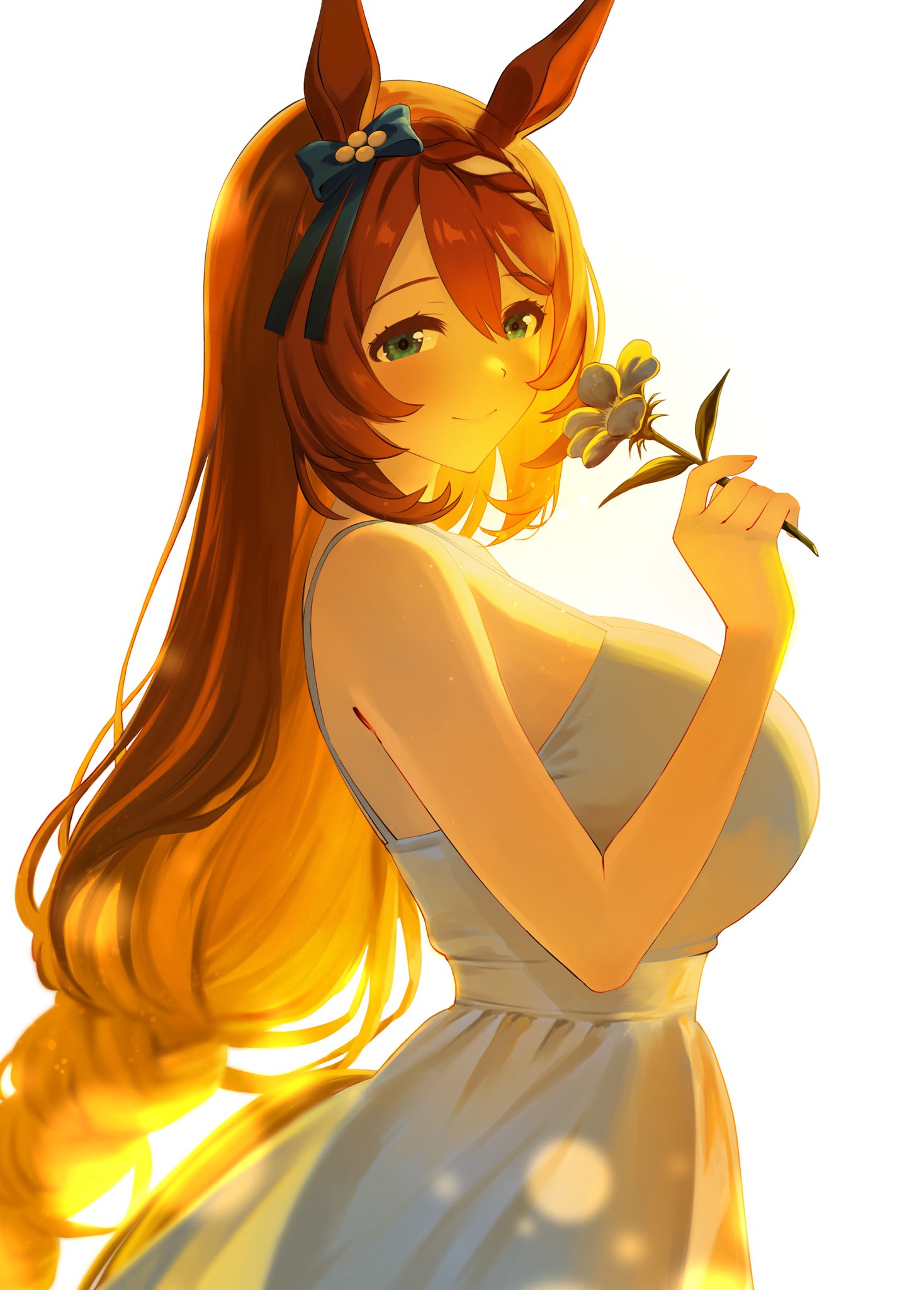 narumi yuzurai, super creek (umamusume), umamusume, commentary request, highres, 1girl, animal ears, bare shoulders, blue eyes, blush, bow, breasts, brown hair, dress, ear bow, english text, flower, from side, holding, holding flower, horse ears, horse girl, horse tail, large breasts, long hair, sleeveless, sleeveless dress, solo, tail, very long hair, white background, white dress