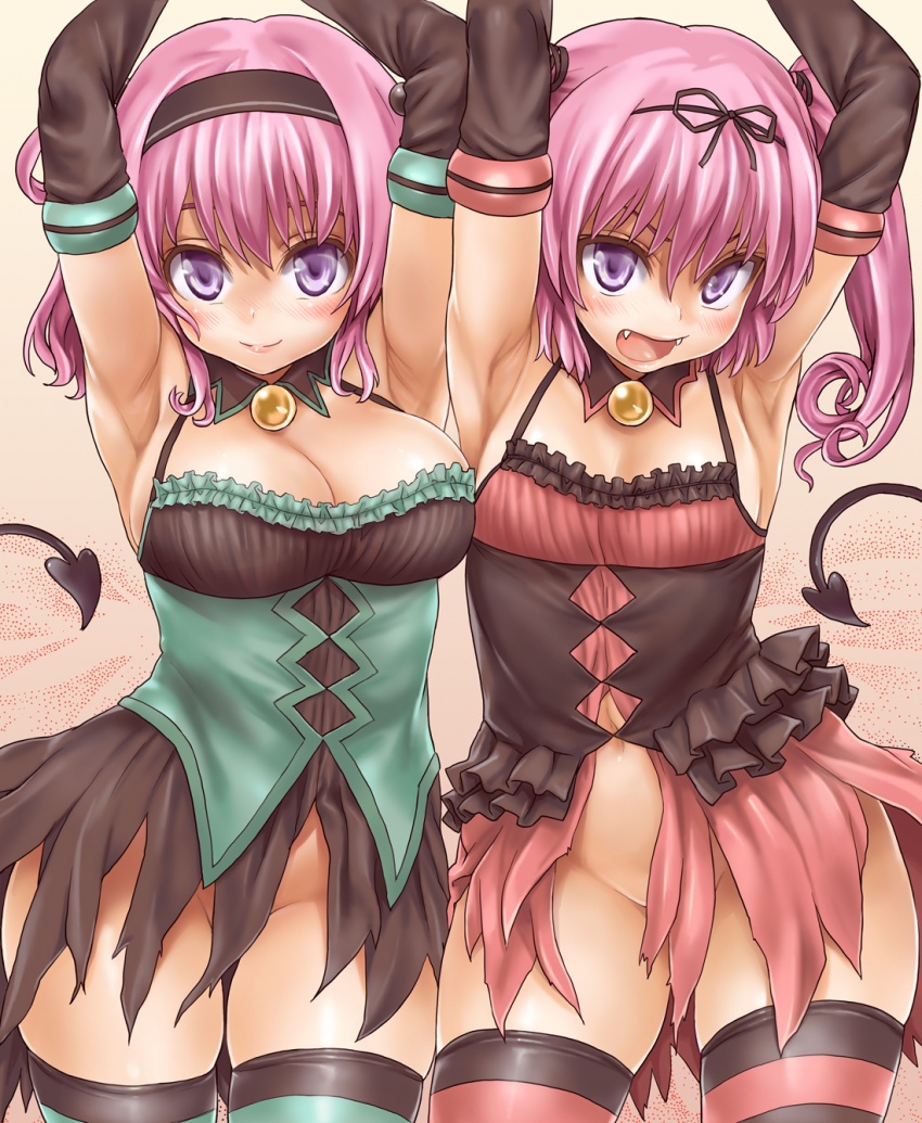 asanagi, momo velia deviluke, nana asta deviluke, to love-ru, armpits, arms up, breasts, censored, cleavage, convenient censoring, demon tail, detached sleeves, fangs, no panties, pink hair, tail, thighhighs