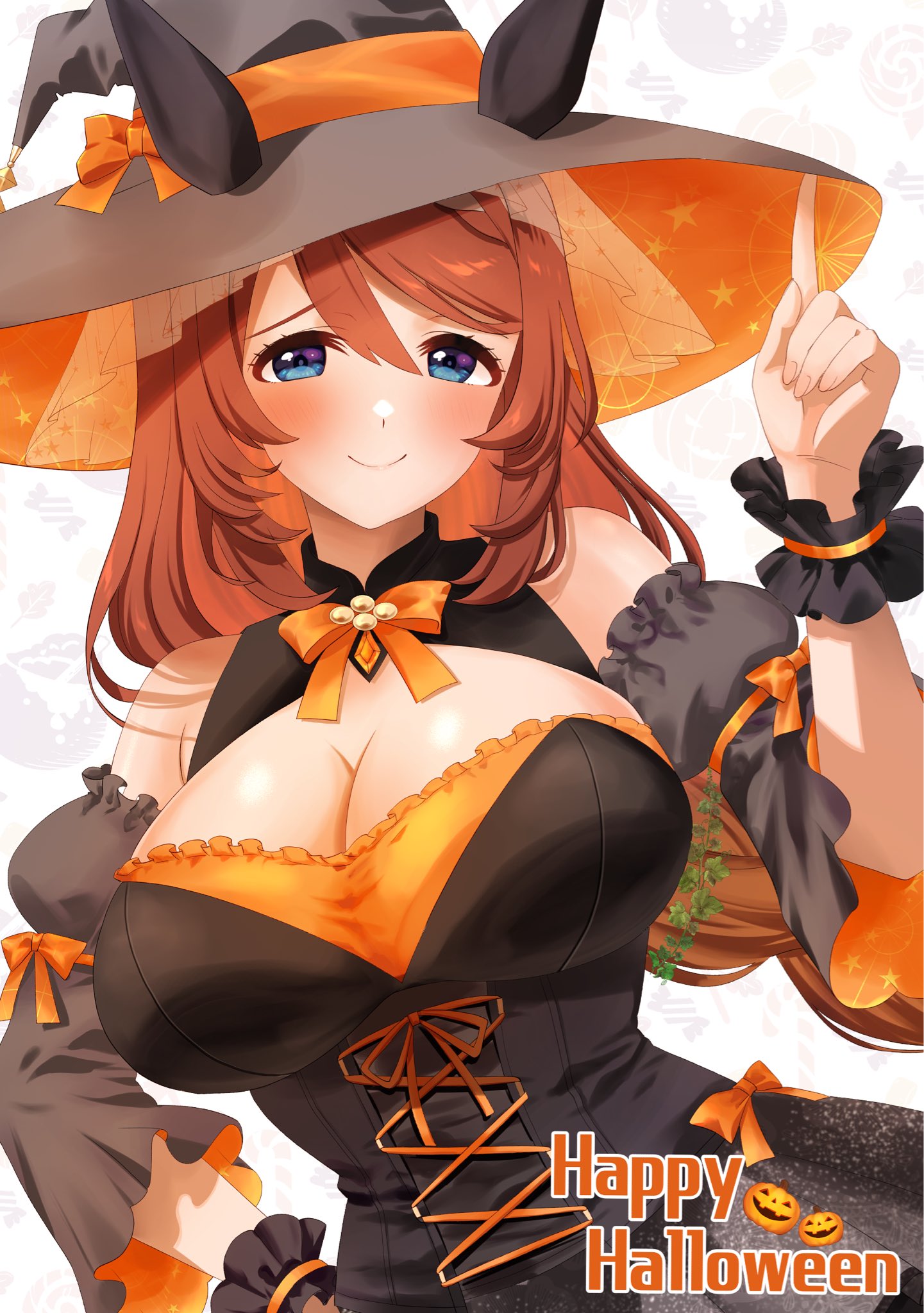 narumi yuzurai, super creek (umamusume), umamusume, commentary request, highres, 1girl, animal ears, bare shoulders, black dress, black hat, black sleeves, black wrist cuffs, blue eyes, blush, breasts, brown hair, cleavage, cowboy shot, detached sleeves, dress, ears through headwear, frilled sleeves, frilled wrist cuffs, frills, halloween costume, hand on own hip, hand up, happy halloween, hat, horse ears, horse girl, index finger raised, jack-o'-lantern, large breasts, looking at viewer, medium hair, open mouth, short dress, sleeveless, sleeveless dress, smile, solo, white background, witch, witch hat, wrist cuffs