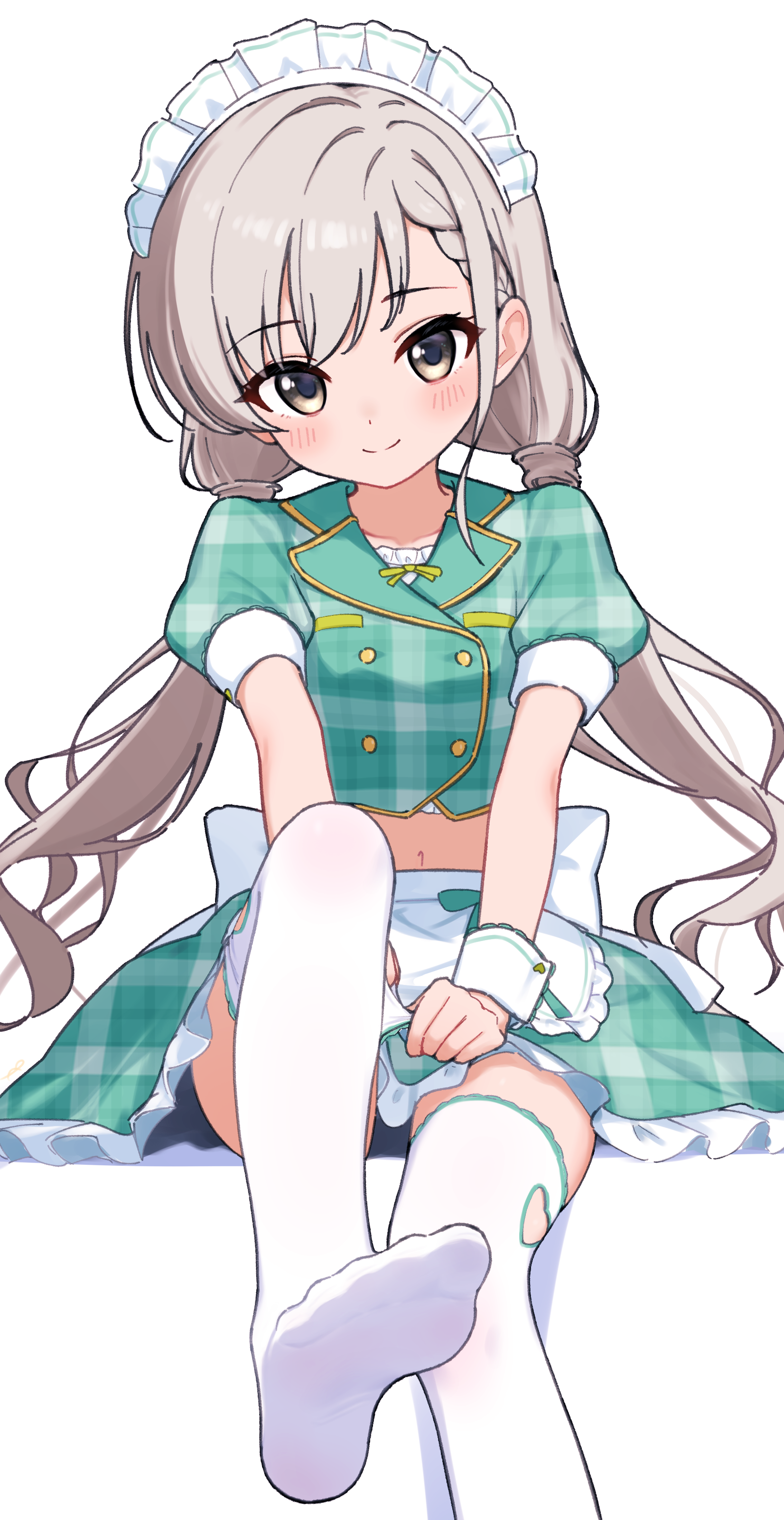 jia wenyuan, hisakawa hayate, idolmaster, idolmaster cinderella girls, absurdres, commentary request, highres, 1girl, apron, blush, braid, braided bangs, crop top, feet, grey eyes, grey hair, long hair, looking at viewer, maid, maid headdress, navel, no shoes, sitting, skirt, smile, solo, thighhighs, toes, twintails, white thighhighs