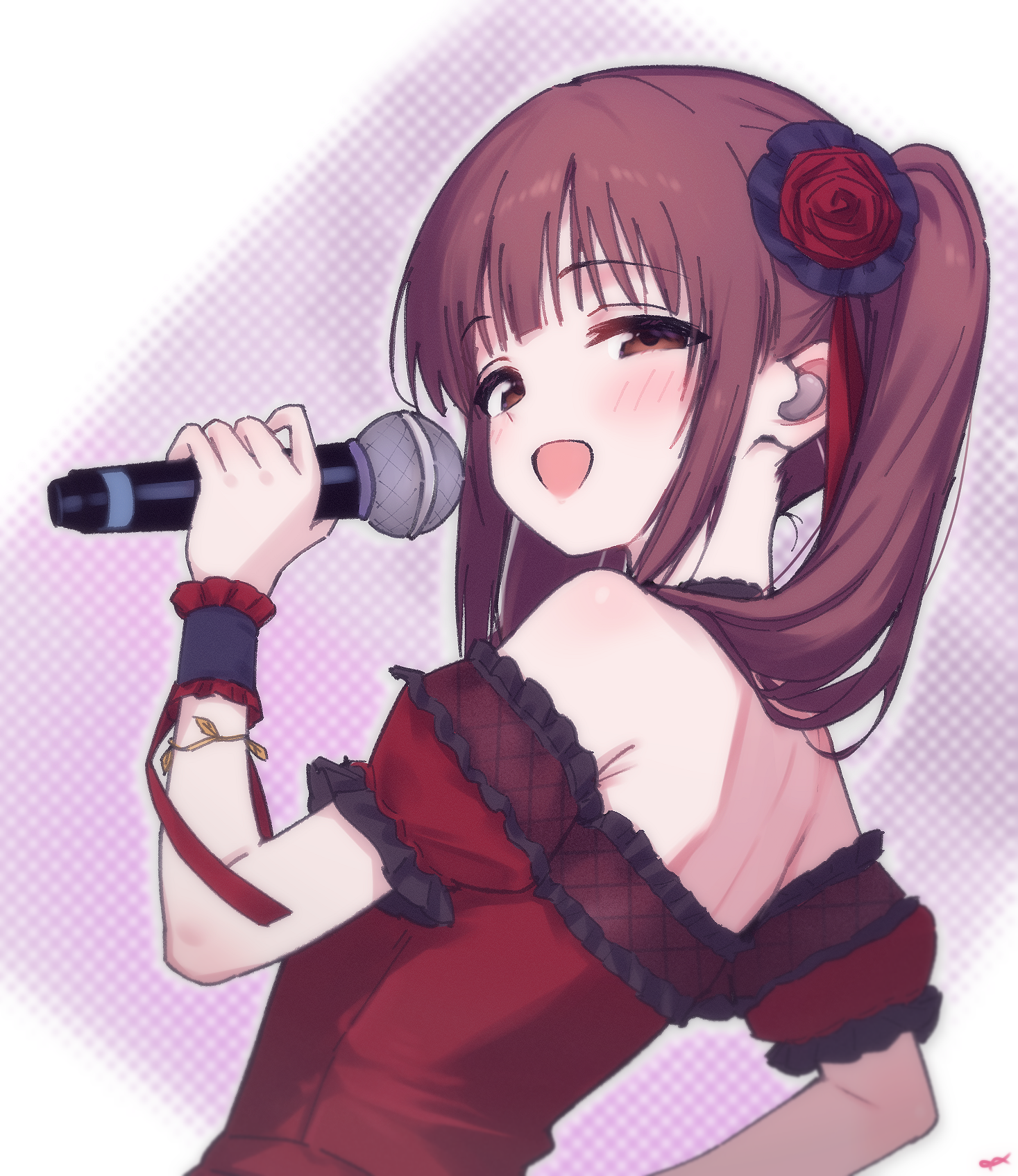 jia wenyuan, ogata chieri, idolmaster, idolmaster cinderella girls, commentary request, highres, 1girl, :d, armpit crease, bare shoulders, brown eyes, brown hair, choker, detached sleeves, dress, flower, frilled sleeves, frilled wrist cuffs, frills, grey choker, grey wrist cuffs, hair flower, hair ornament, holding, holding microphone, long hair, looking at viewer, microphone, open mouth, puffy detached sleeves, puffy sleeves, red dress, red flower, red sleeves, short sleeves, sidelocks, smile, solo, strapless, strapless dress, twintails, upper body, wrist cuffs