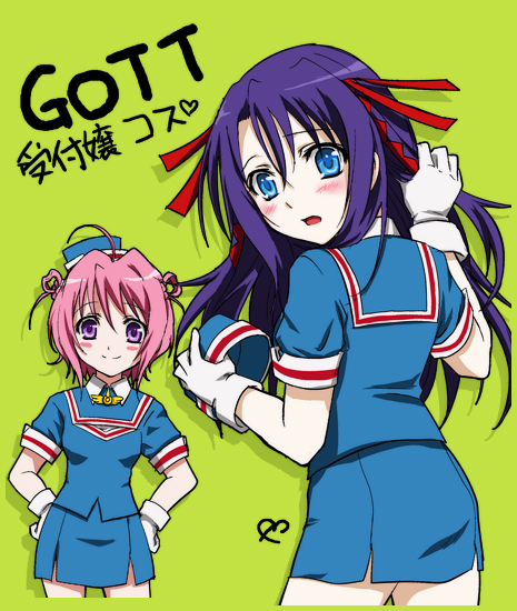 kiryuu aoko, ascoeur, kiddy girl-and, kiddy grade, uniform, 2girls, blue eyes, blue skirt, cosplay, multiple girls, pink hair, purple eyes, purple hair, skirt