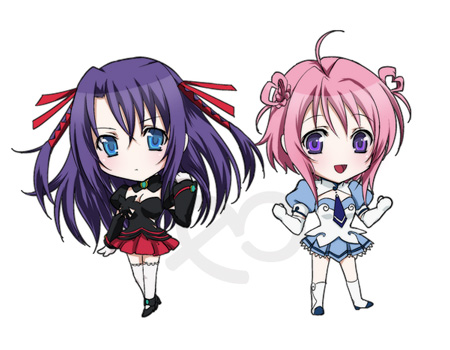 kiryuu aoko, ascoeur, q-feuille, kiddy girl-and, kiddy grade, lowres, 00s, 2girls, blue eyes, blue skirt, chibi, multiple girls, pink hair, purple eyes, purple hair, skirt, thighhighs