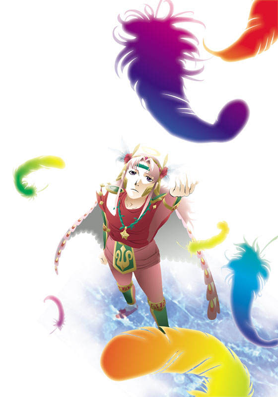 kimagureneko, ando rococo, bikkuriman, 1girl, cape, feathers, female focus, looking up, solo