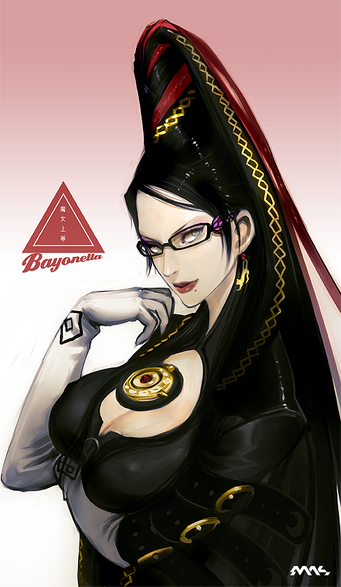 mhk (mechamania), bayonetta, bayonetta (series), bayonetta 1, sega, breast hold, 1girl, black hair, blue eyes, breasts, cleavage cutout, clothing cutout, covered erect nipples, earrings, elbow gloves, eyeshadow, female focus, glasses, gloves, gradient background, jewelry, large breasts, lips, lipstick, long hair, makeup, mole, mole under mouth, smile, solo, very long hair