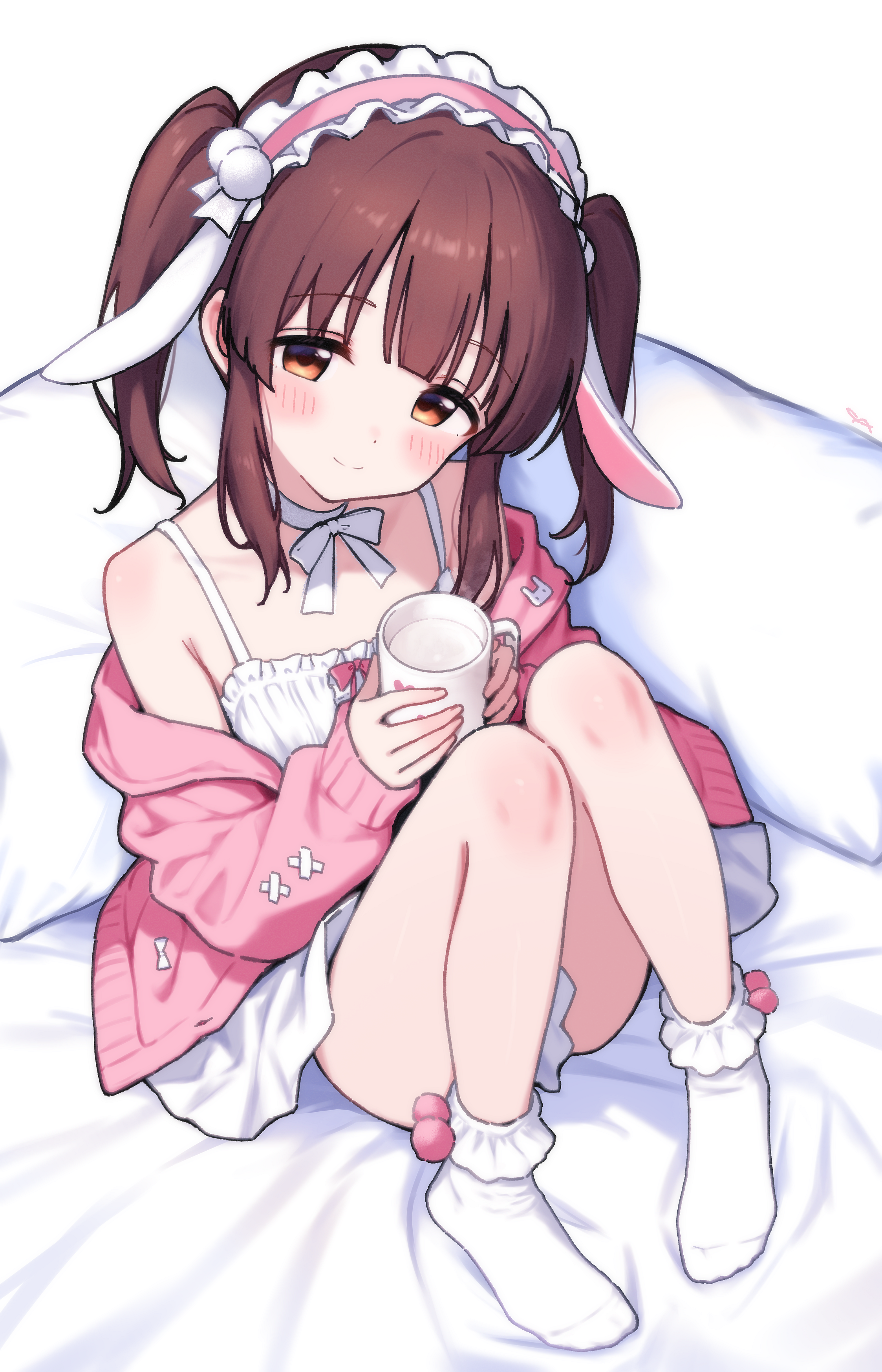 jia wenyuan, ogata chieri, idolmaster, idolmaster cinderella girls, absurdres, commentary request, highres, 1girl, animal ears, armpit crease, bare shoulders, bed sheet, bow, bow choker, choker, closed mouth, cup, dress, fake animal ears, full body, hairband, head tilt, holding, holding cup, jacket, lolita hairband, long hair, long sleeves, looking at viewer, mug, no shoes, open clothes, open jacket, pillow, pink hairband, pink jacket, rabbit ears, red eyes, red hair, sitting, sleeveless, sleeveless dress, smile, socks, solo, split mouth, twintails, white bow, white choker, white dress, white socks