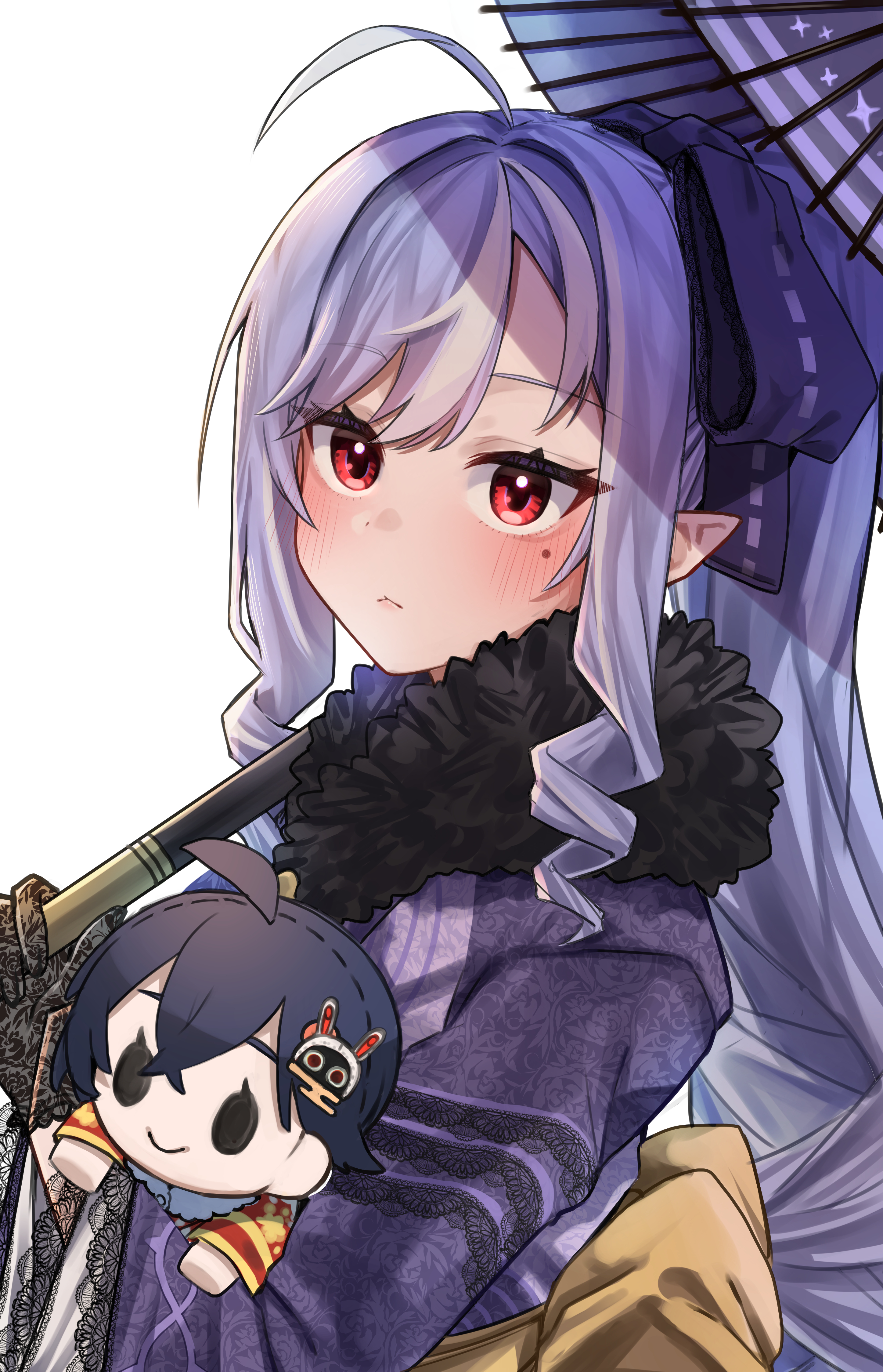 yozakurayuyu, belle (zenless zone zero), vivian banshee, zenless zone zero, absurdres, commentary request, highres, 1girl, ahoge, black gloves, character doll, closed mouth, doll, gloves, hair between eyes, holding, holding stuffed toy, holding umbrella, japanese clothes, kimono, long hair, long sleeves, oil-paper umbrella, pointy ears, ponytail, purple hair, purple kimono, red eyes, simple background, solo, stuffed animal, stuffed toy, umbrella, very long hair, white background, wide sleeves