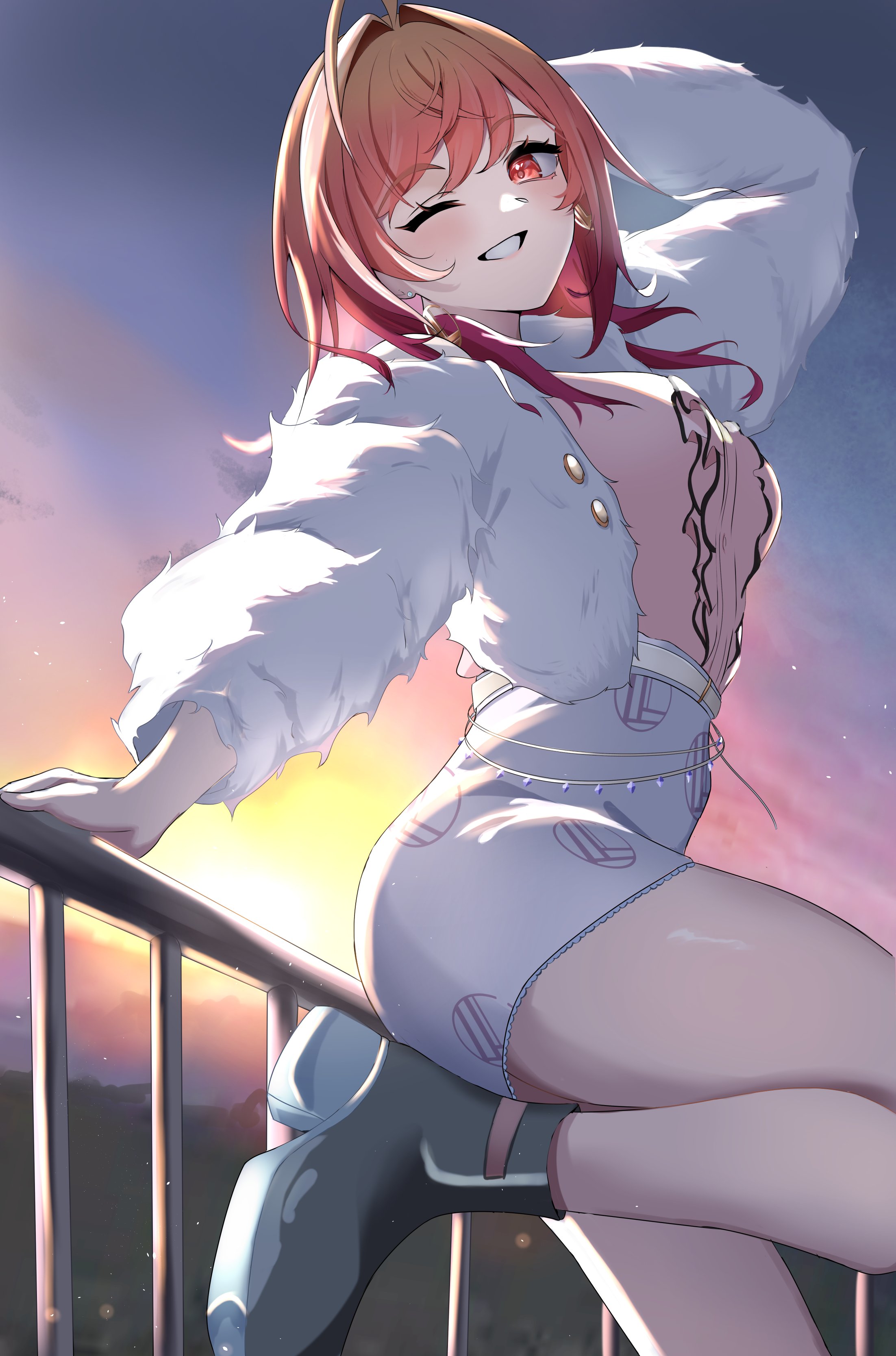 oz1n, ichijou ririka, hololive, hololive dev is, absurdres, commentary request, highres, 1girl, against railing, bare legs, boots, center frills, earrings, frills, fur jacket, hand on railing, high-waist shorts, hoop earrings, jacket, jewelry, leaning back, one eye closed, pink shirt, railing, shirt, shorts, solo, yellow eyes