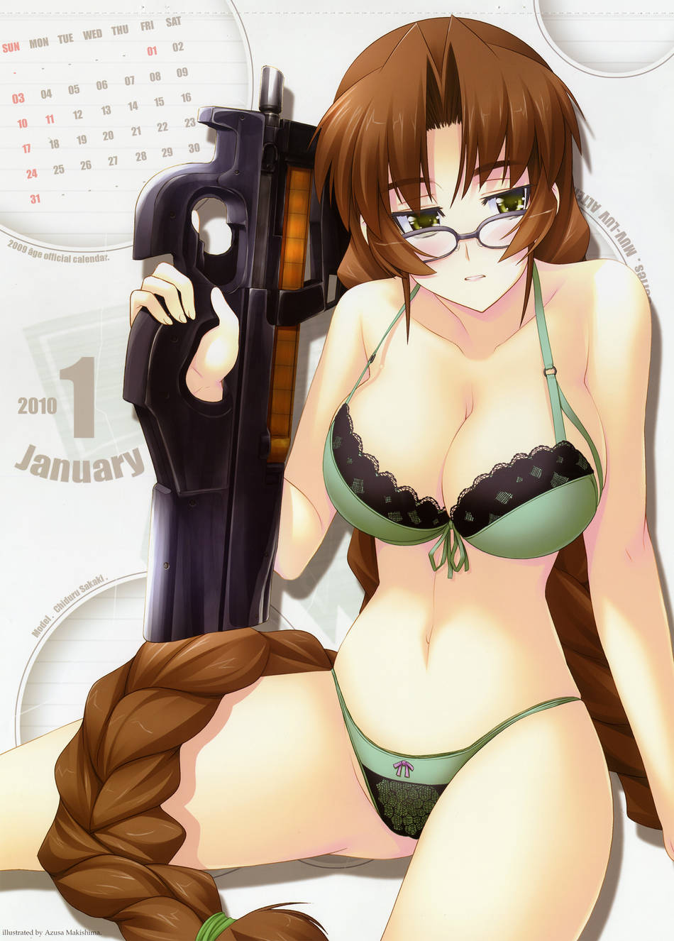muv-luv, highres, bra, braid, brown hair, glasses, gun, long hair, navel, panties, underwear, weapon