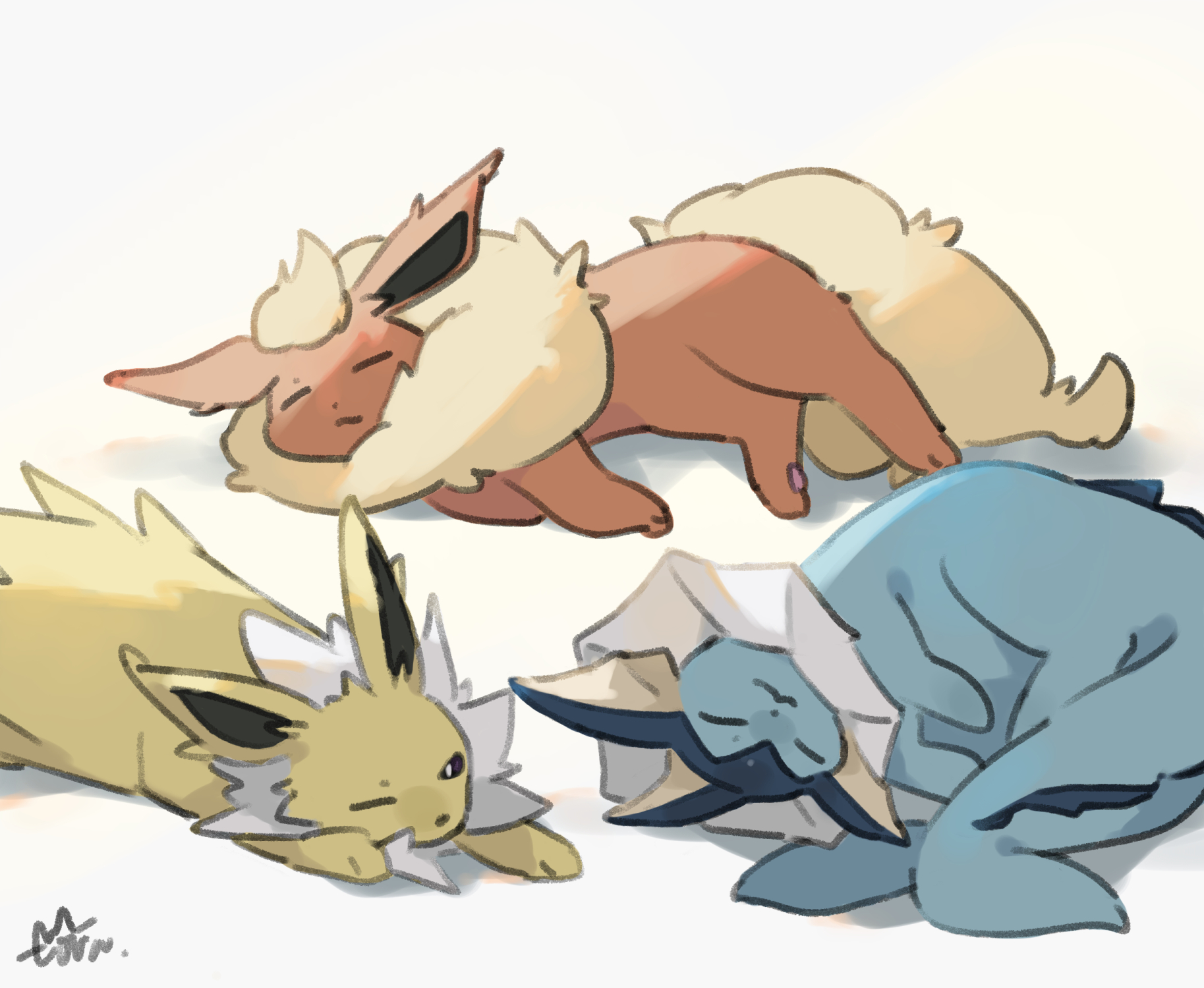 flareon, jolteon, vaporeon, nintendo, pokemon, commentary request, highres, animal focus, closed eyes, closed mouth, gen 1 pokemon, lying, no humans, one eye closed, pokemon (creature), shadow, signature, simple background, sleeping, torank cdk, white background