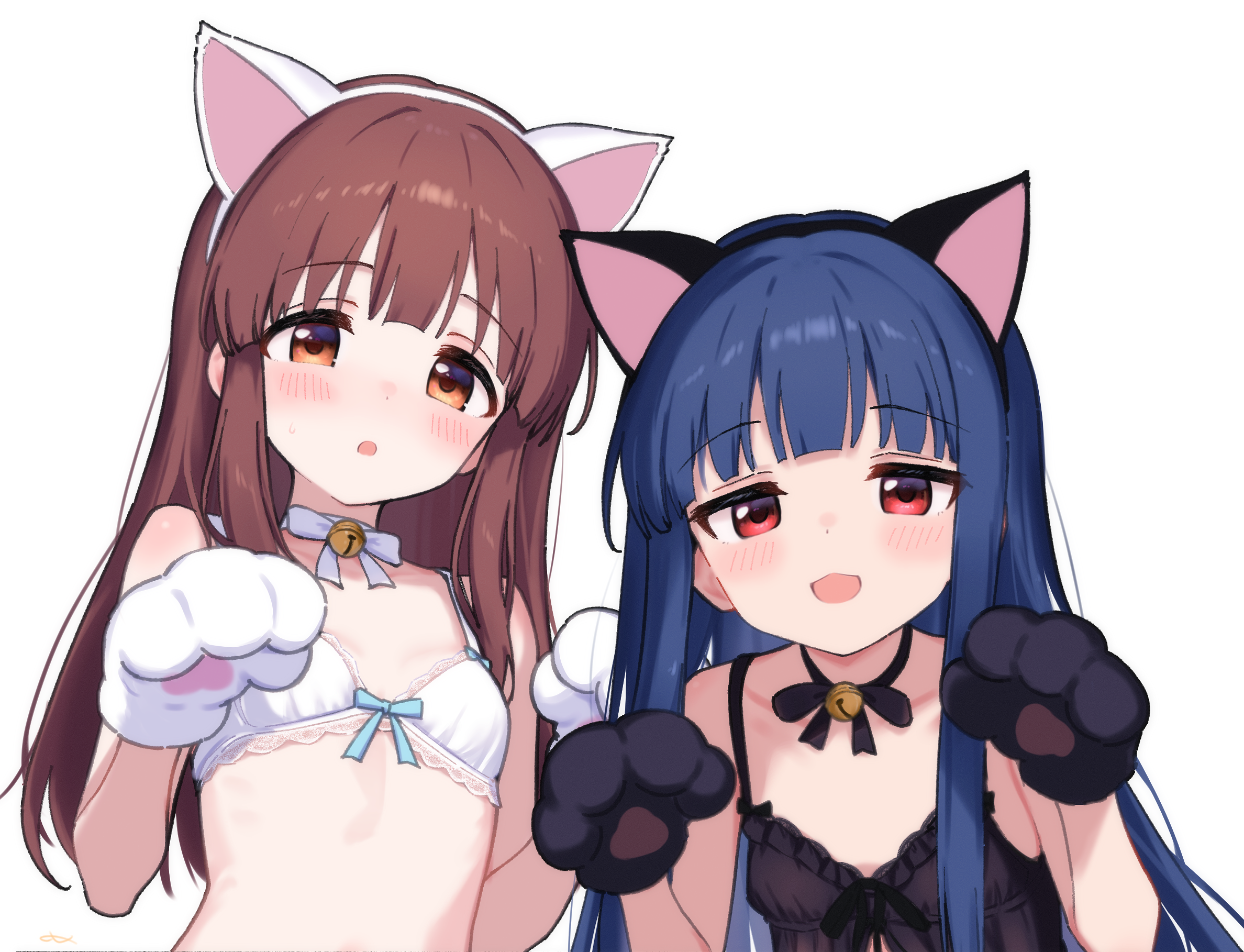 jia wenyuan, ogata chieri, sajo yukimi, idolmaster, idolmaster cinderella girls, commentary request, highres, 2girls, animal ears, animal hands, babydoll, bell, blue hair, blush, bra, breasts, brown hair, cat ears, fake animal ears, flat chest, gloves, long hair, looking at viewer, multiple girls, neck bell, orange hair, paw gloves, red eyes, small breasts, underwear, upper body, white bra