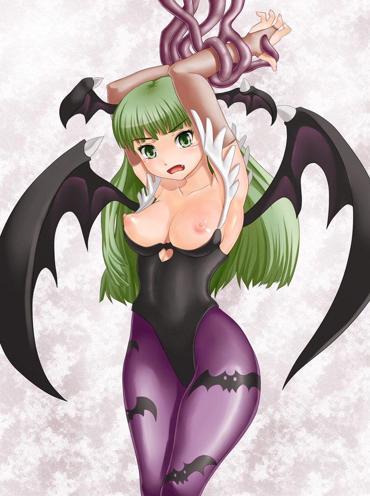 kurone, morrigan aensland, capcom, darkstalkers, 1girl, arms up, bat wings, bdsm, blush, bondage, bound, breasts, breasts out, bridal gauntlets, cleavage, demon girl, elbow gloves, fang, female focus, gloves, green eyes, green hair, head wings, large breasts, leotard, long hair, matching hair/eyes, nipples, open mouth, pantyhose, print pantyhose, solo, tears, tentacles, wings