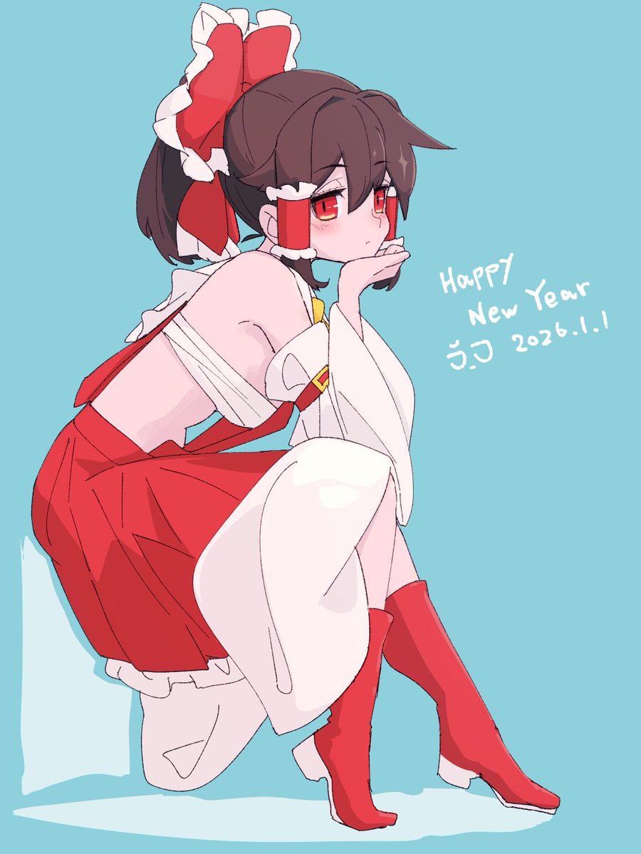 ryouryou, hakurei reimu, touhou, commentary, highres, 1girl, 2026, ascot, blue background, boots, bow, breasts, brown hair, chest sarashi, closed mouth, detached sleeves, frilled bow, frilled hair tubes, frilled skirt, frills, hair bow, hair tubes, happy new year, head on hand, head rest, knee boots, large breasts, long hair, looking at viewer, new year, red boots, red bow, red eyes, red skirt, sarashi, simple background, sitting, skirt, skirt set, solo, yellow ascot