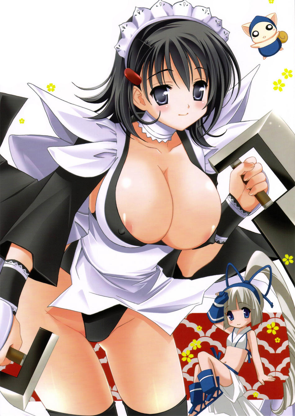 iroha (samurai spirits), majikina mina, samurai spirits, snk, highres, 2girls, black hair, blue eyes, blush, breasts, chibi, large breasts, long hair, maid, multiple girls, ponytail, short hair, smile, very long hair, white hair