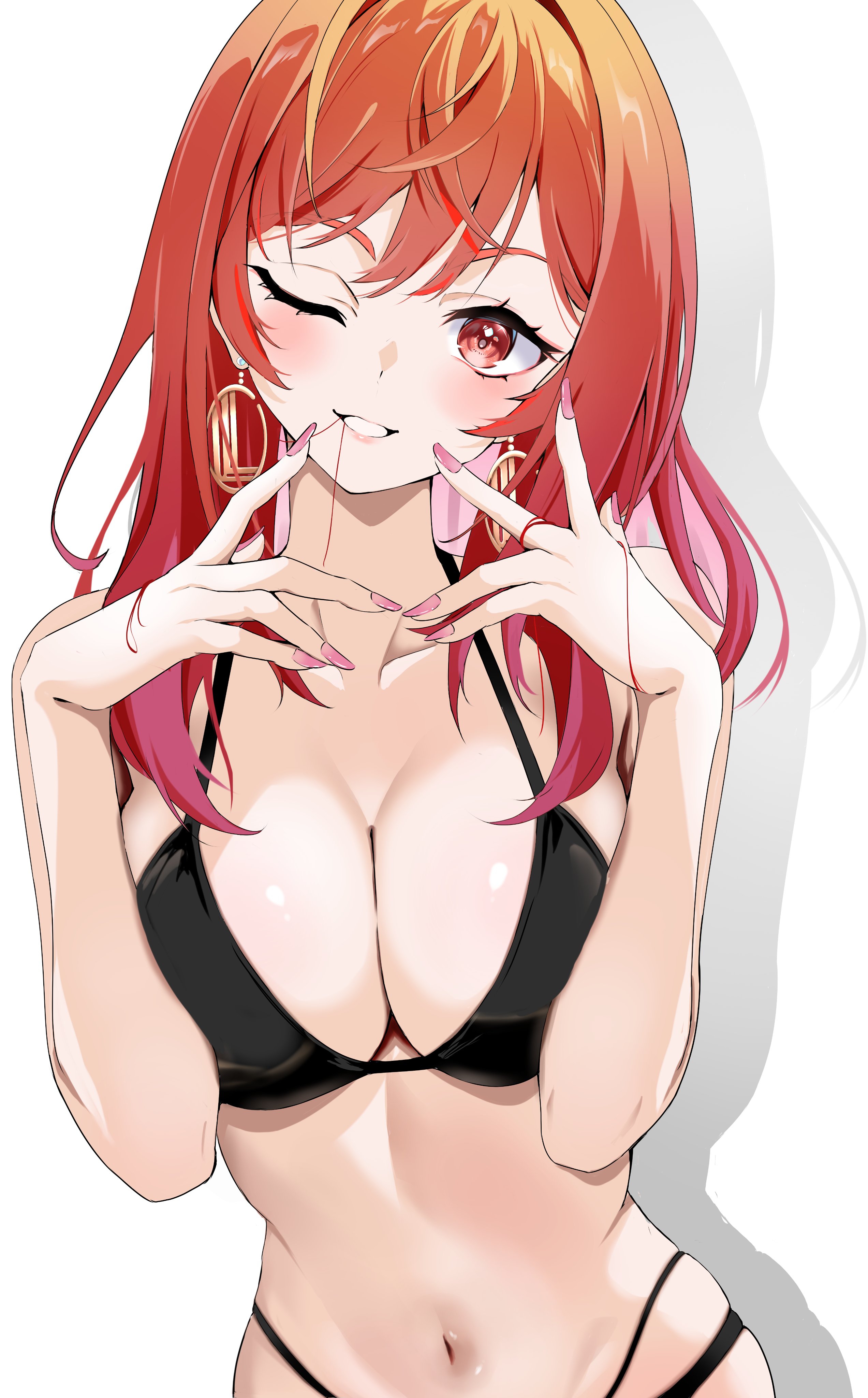 oz1n, ichijou ririka, hololive, hololive dev is, absurdres, commentary request, highres, 1girl, bikini, biting hair, black bikini, blush, breasts, cleavage, earrings, gradient hair, hoop earrings, jewelry, multi-strapped bikini bottom, multicolored hair, nail polish, one eye closed, pink nails, solo, swimsuit, white background