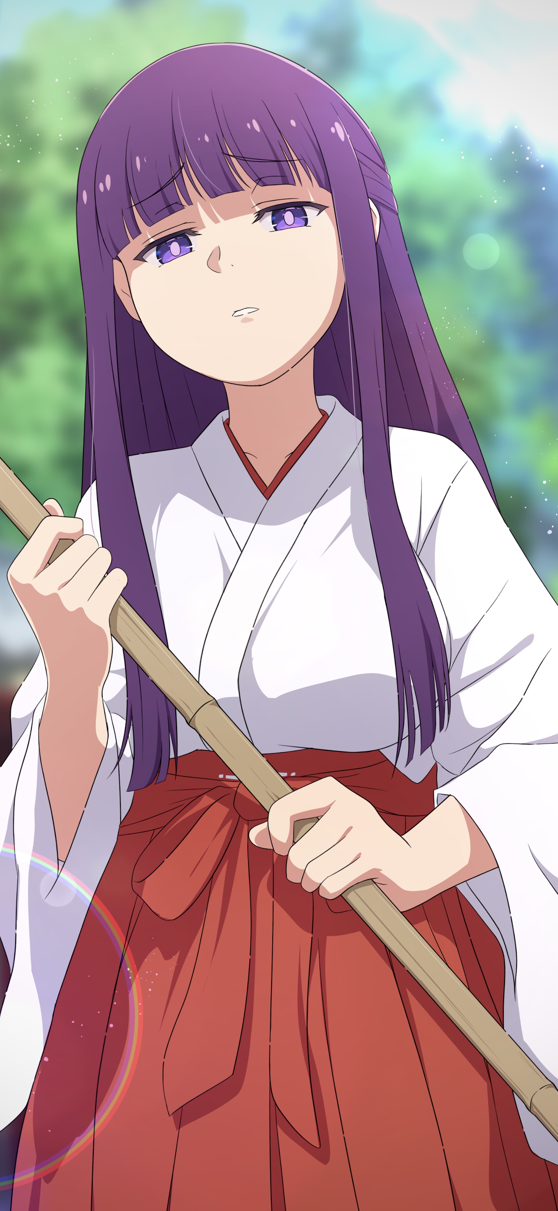na-suke, fern (sousou no frieren), sousou no frieren, absurdres, commentary request, highres, 1girl, alternate costume, blunt bangs, breasts, hakama, hakama skirt, holding, japanese clothes, kimono, long hair, looking at viewer, miko, outdoors, purple eyes, purple hair, red hakama, skirt, solo, white kimono