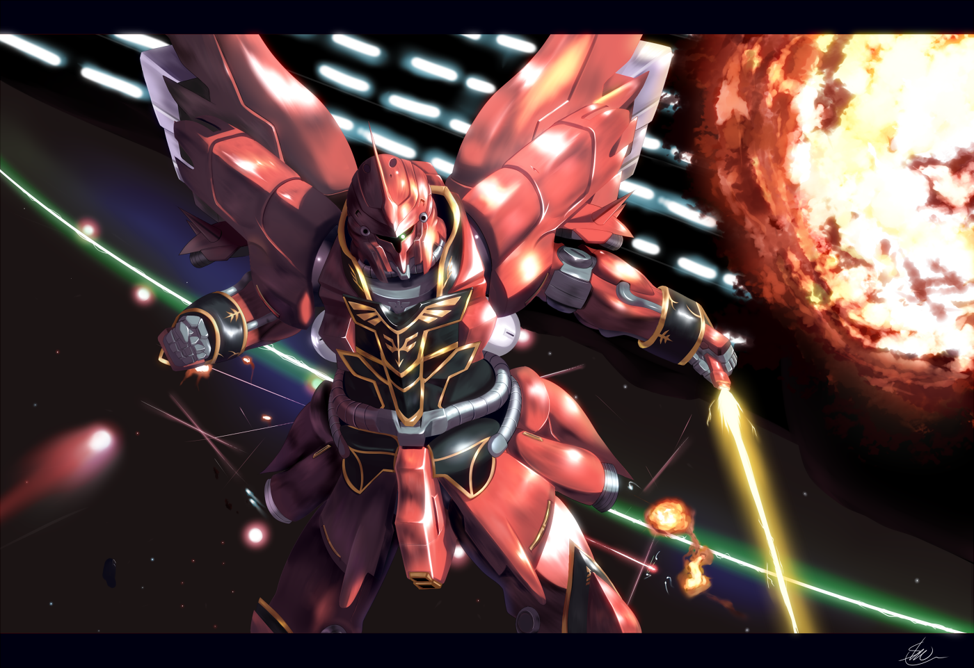 r shotaro, sinanju, gundam, gundam unicorn, bad id, bad pixiv id, energy beam, energy sword, explosion, mecha, no humans, robot, signature, solo, space, sword, weapon