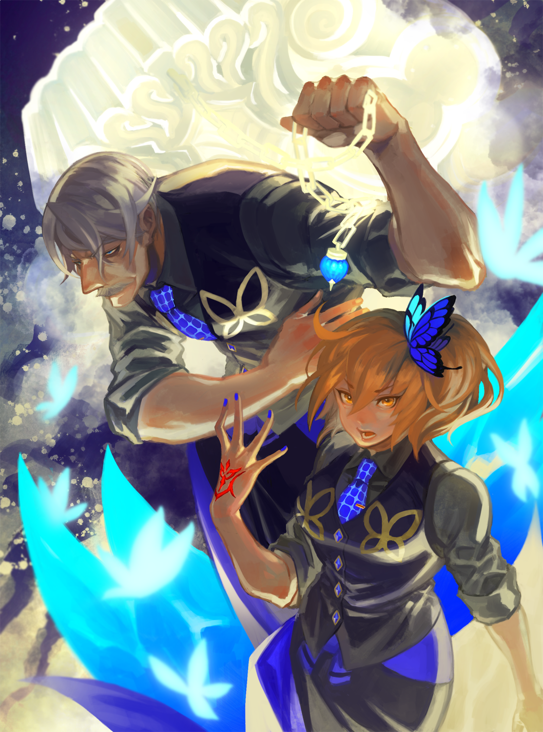 saida (ohda ooda), fujimaru ritsuka (female), james moriarty (archer) (fate), james moriarty (gray collar) (fate), fate/grand order, fate (series), commentary request, highres, 1boy, 1girl, black vest, blue necktie, butterfly hair ornament, chain, chaldea boys collection, command spell, cosplay, facial hair, grey hair, grey shirt, hair ornament, james moriarty (archer) (fate) (cosplay), james moriarty (gray collar) (fate) (cosplay), mustache, necktie, open mouth, shirt, short hair, vest