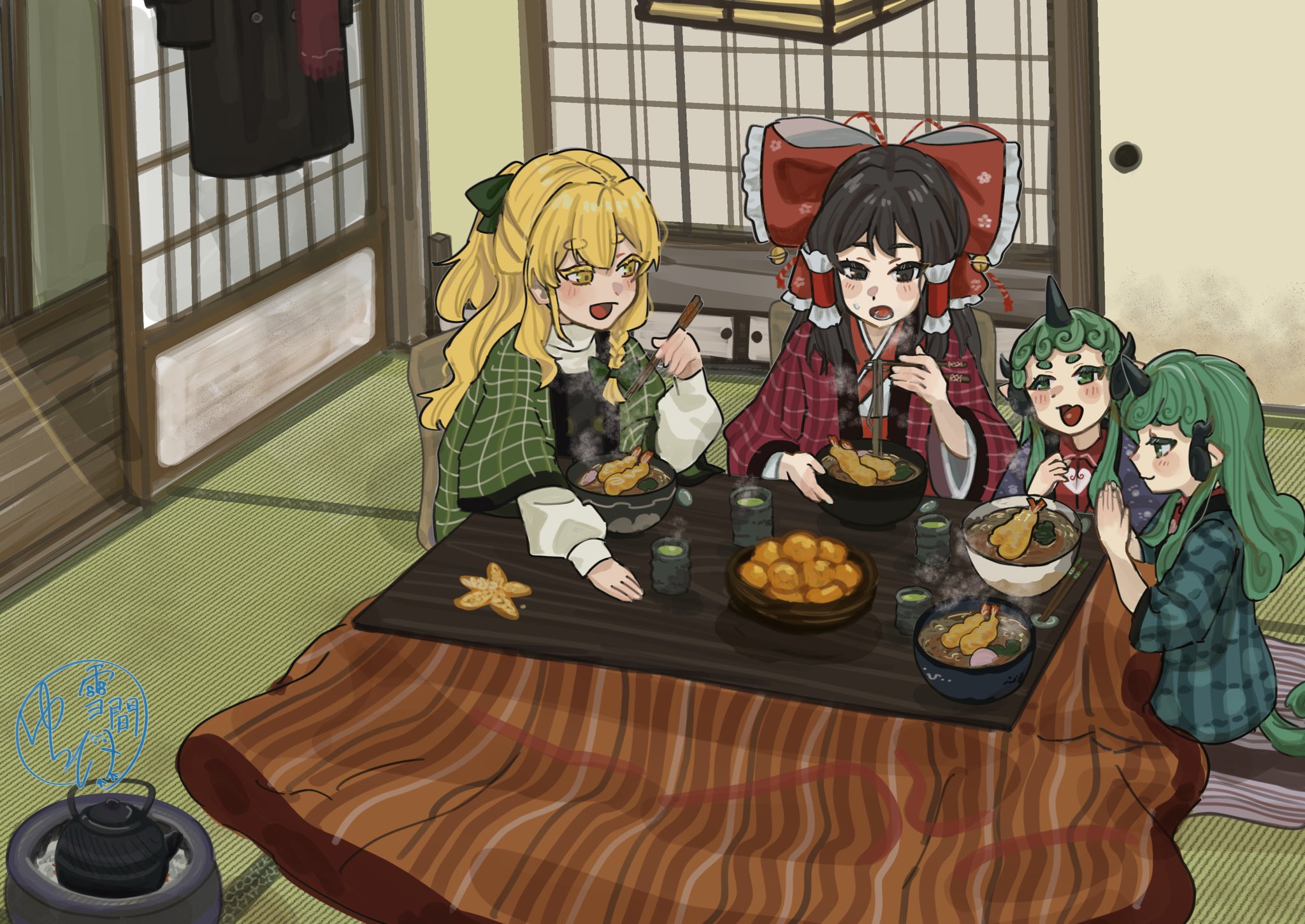 yuke yukima, hakurei reimu, kirisame marisa, komano aunn, touhou, commentary request, highres, 4girls, alternate costume, black vest, blonde hair, blush, bow, bowl, braid, brown eyes, brown hair, chopsticks, clone, curly hair, dotera (clothes), food, frilled bow, frilled hair tubes, frills, green hair, hair bow, hair tubes, holding, holding chopsticks, horns, kettle, komainu girl, kotatsu, long hair, long sleeves, multiple girls, noodles, open mouth, own hands together, palms together, ramen, red bow, shrimp, shrimp tempura, side braid, single braid, single horn, sitting, smile, soba, table, tail, tatami, tempura, under kotatsu, under table, vest, watermark, yellow eyes
