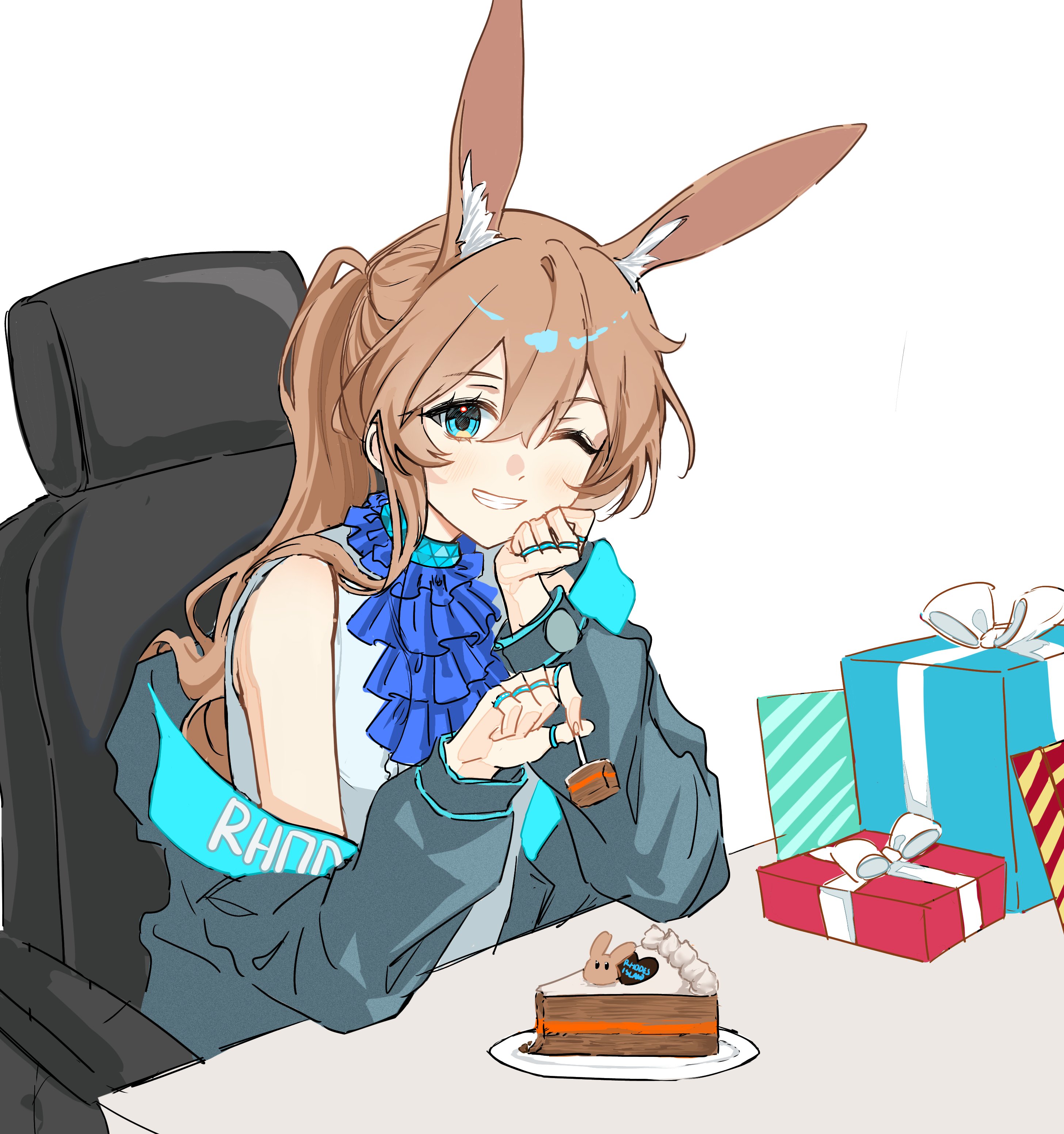 rep120105, amiya (arknights), arknights, absurdres, highres, 1girl, ;d, animal ears, ascot, bare shoulders, blue ascot, blue collar, blue eyes, box, brown hair, cake, cake slice, chair, clothes writing, collar, food, gift, gift box, grin, hair between eyes, head rest, holding, jewelry, long hair, long sleeves, looking at viewer, multiple rings, off shoulder, on chair, one eye closed, open mouth, plate, ring, simple background, sitting, smile, solo, white background
