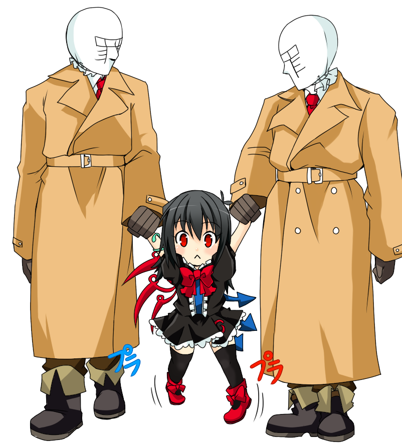 kotomuke fuurin, houjuu nue, sin sack, touhou, bad id, bad pixiv id, 1girl, 2boys, :<, alien, black hair, black thighhighs, captured alien (meme), child, coat, dress, multiple boys, necktie, parody, red eyes, short hair, snake, thighhighs, trench coat, wings