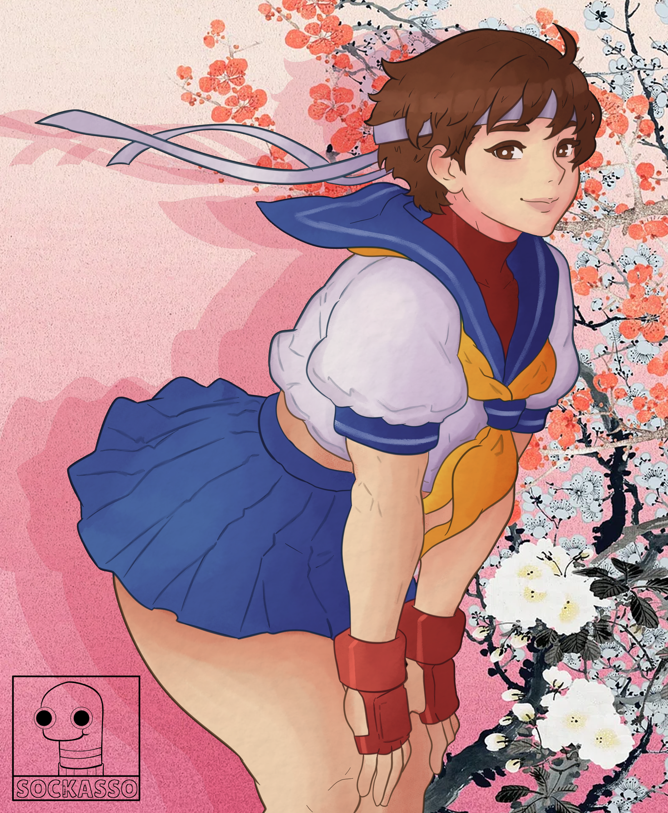 kasugano sakura, capcom, street fighter, street fighter zero (series), absurdres, highres, 1girl, artist name, bent over, blue sailor collar, blue skirt, brown eyes, brown hair, dress, female focus, fingerless gloves, flower, gloves, headband, leaves, light blush, matching hair/eyes, neckerchief, pink background, pleated skirt, red gloves, sailor collar, sailor dress, school uniform, short hair, skirt, smile, sockasso, tree, white headband, yellow neckerchief