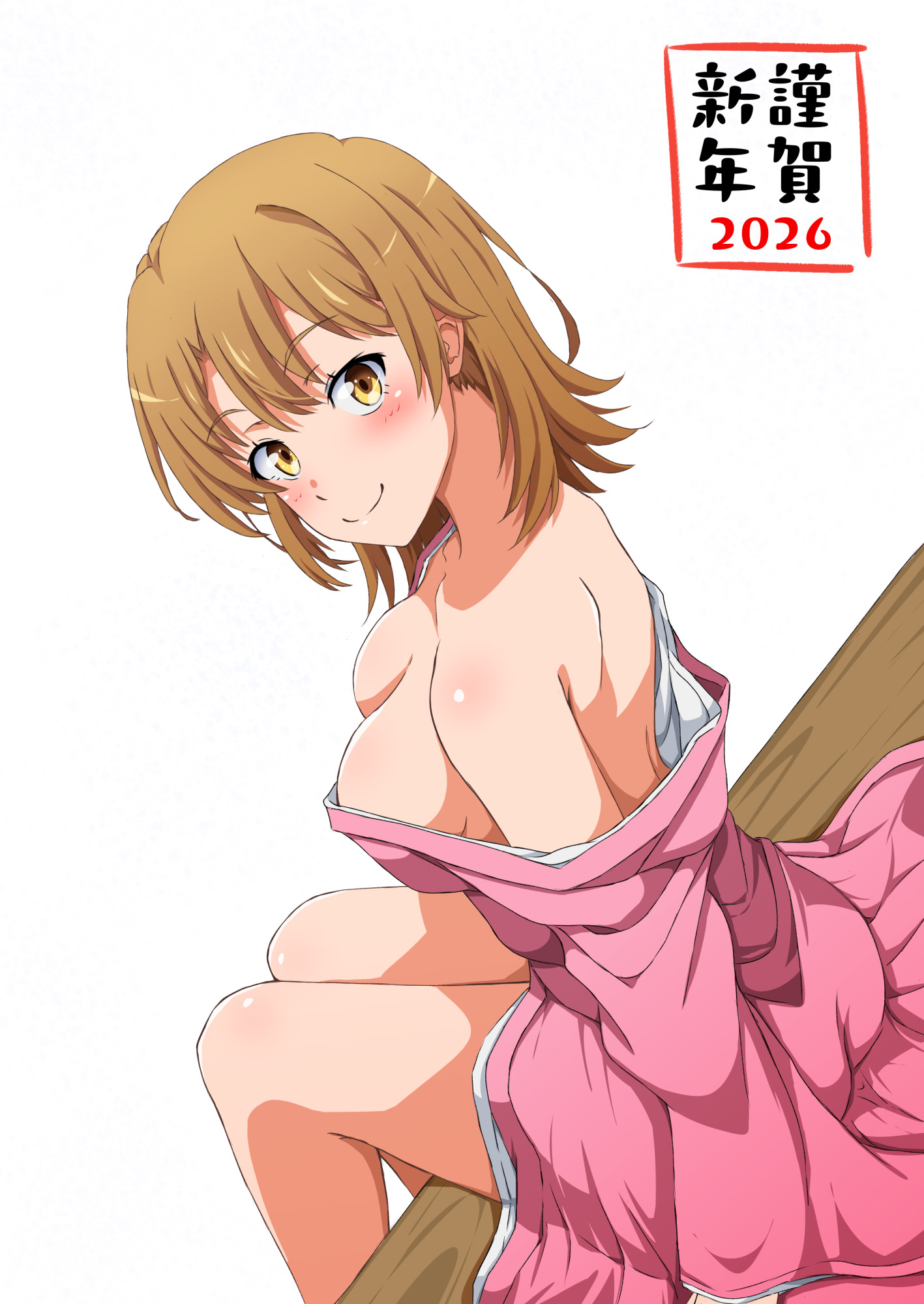 konoyan, isshiki iroha, yahari ore no seishun lovecome wa machigatteiru., commentary request, highres, translation request, 1girl, 2026, breasts, brown hair, cleavage, from above, japanese clothes, kimono, large breasts, looking at viewer, pink kimono, short hair, simple background, sitting, smile, solo, thighs, white background, yellow eyes