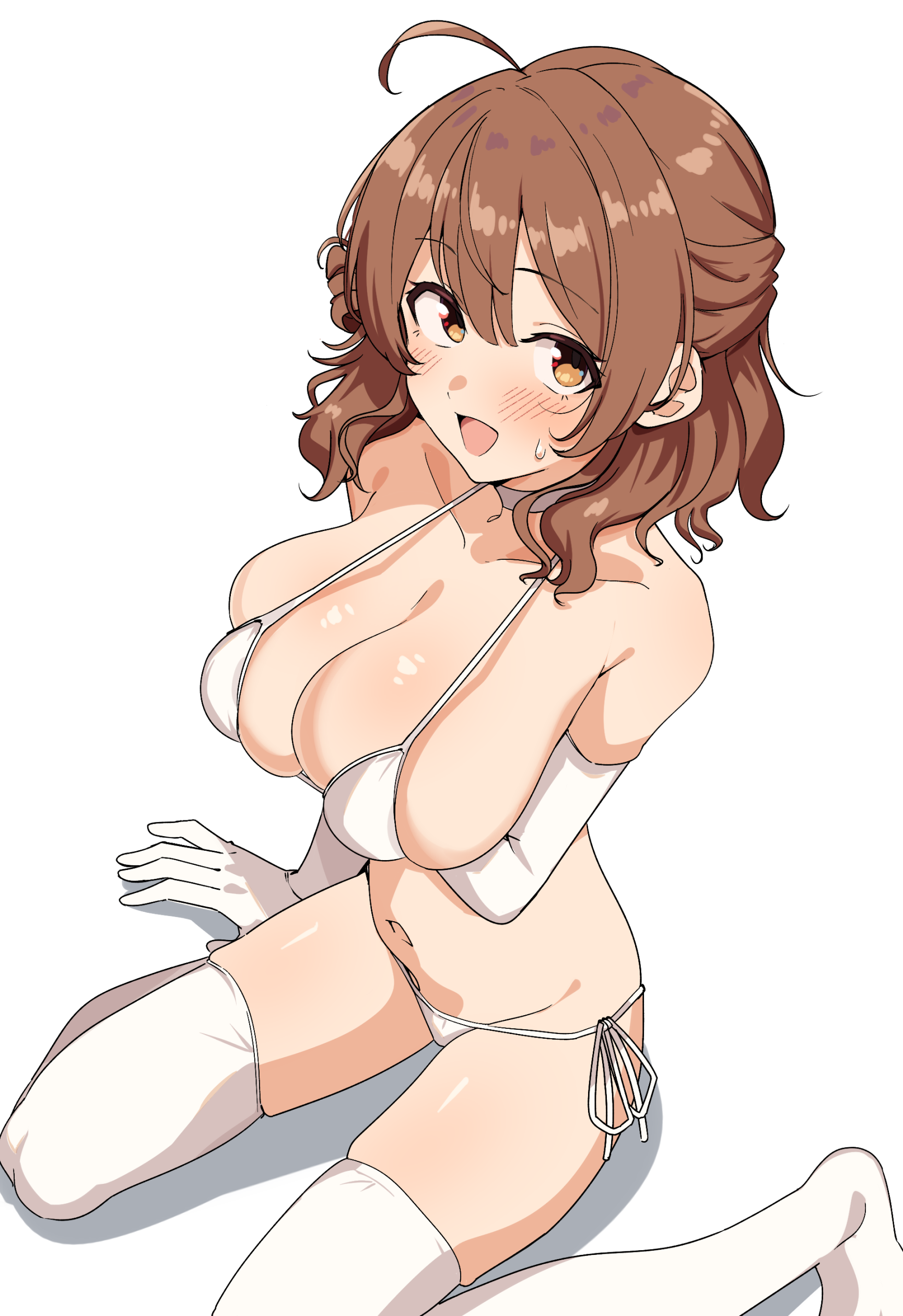 seihekiog, hanami ume, gakuen idolmaster, idolmaster, absurdres, commentary request, highres, paid reward available, revision, 1girl, ahoge, bikini, breasts, brown eyes, brown hair, choker, cleavage, collarbone, elbow gloves, gloves, large breasts, looking at viewer, medium hair, open mouth, side-tie bikini bottom, simple background, sitting, smile, solo, swimsuit, thighhighs, thighs, wariza, white background, white bikini, white choker, white gloves, white thighhighs