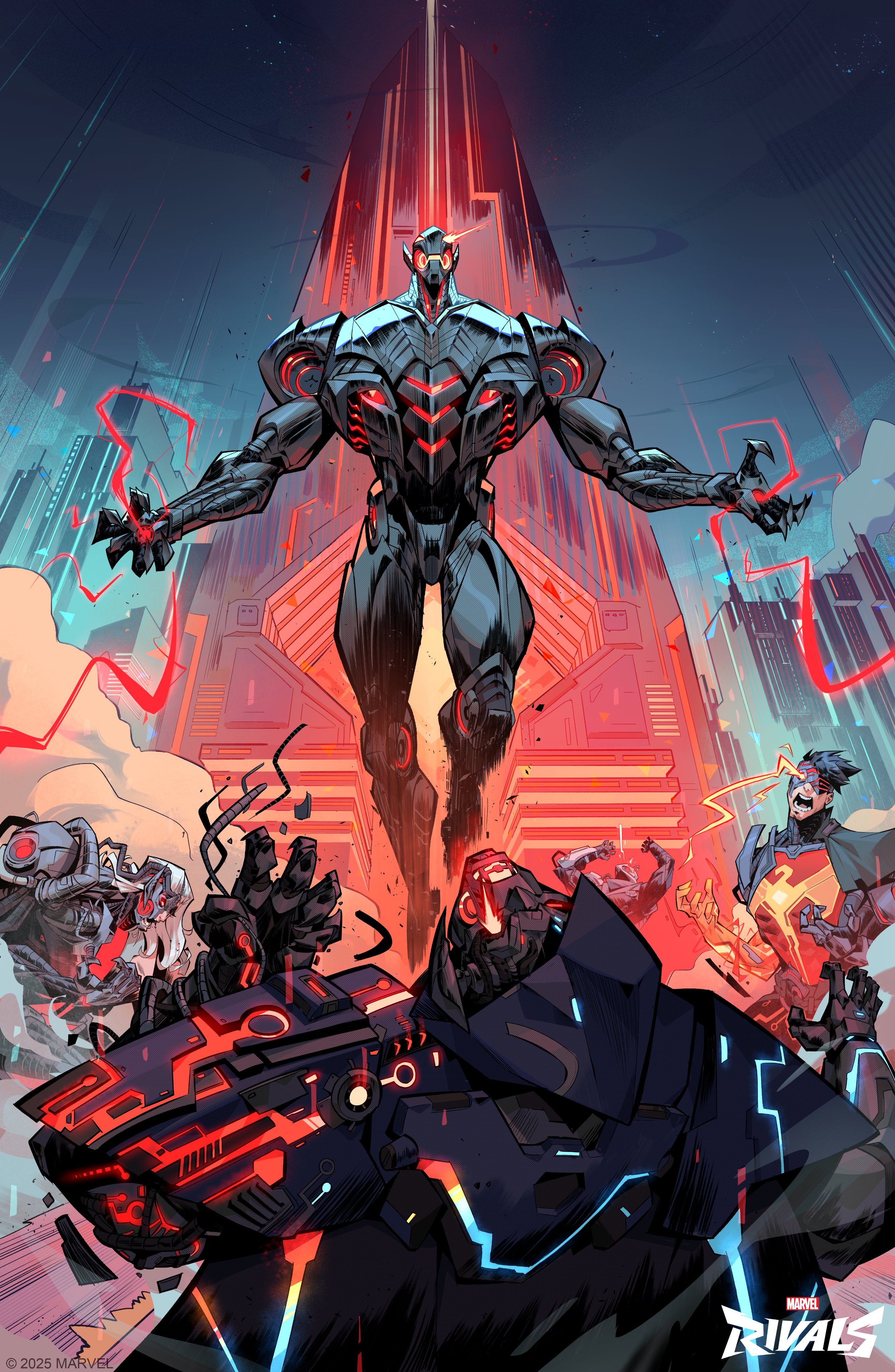 leo chiola, doctor doom, doom 2099, hawkeye (marvel), iron fist (marvel), magneto, ultron, avengers (series), marvel, marvel rivals, x-men, absurdres, commentary, english commentary, highres, official art, 2025, 5boys, black hair, blue sky, copyright logo, copyright name, cyborg, eye trail, glowing, hawkeye (binary arrow) (marvel), iron fist (binary fist) (marvel), light trail, lin lie (marvel), logo, long hair, magneto (binary sword), male focus, multiple boys, muscular, muscular male, open mouth, robot, short hair, sky, white hair