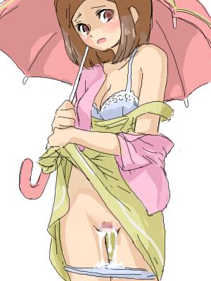 parasol lady (pokemon), nintendo, pokemon, lowres, 1girl, after vaginal, aftersex, blush, bra, breasts, brown eyes, brown hair, censored, clothes lift, clothes pull, cum, cum in pussy, cum on clothes, dress, dress lift, dress pull, female focus, lifting own clothes, lingerie, npc trainer, open mouth, panties, pants, pants pull, panty pull, parasol, pink theme, pussy, solo, tears, umbrella, underwear, undressing