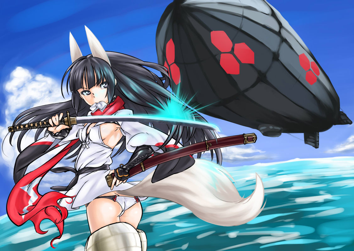 fuyu no kiatsuhaichi, anabuki tomoko, strike witches, strike witches: suomus misfits squadron, world witches series, bad id, bad pixiv id, 00s, 1girl, ass, black hair, female focus, horns, mouth hold, panties, solo, sword, tail, underwear, weapon