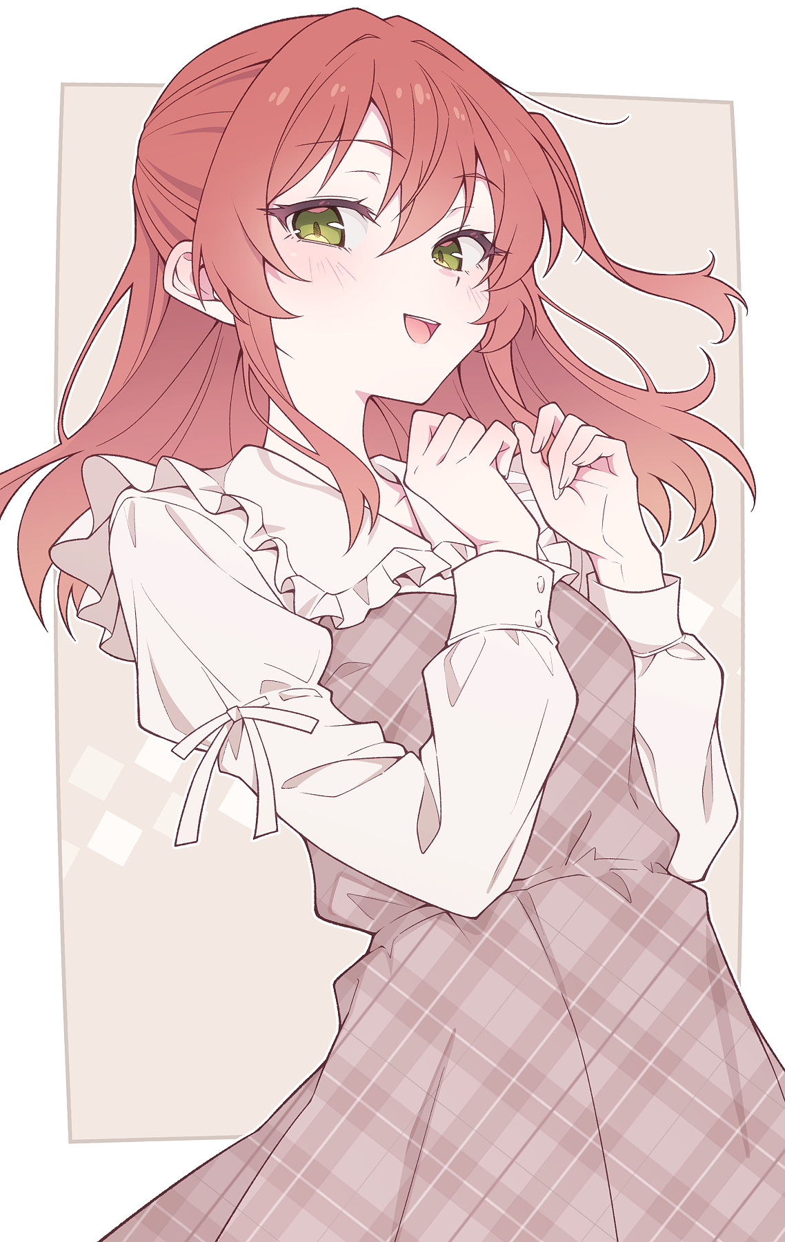 e20, kita ikuyo, bocchi the rock!, commentary, highres, 1girl, blush, border, dress, green eyes, hair between eyes, hands up, long hair, long sleeves, looking at viewer, open mouth, outside border, red hair, shirt, sleeveless, sleeveless dress, smile, solo, teeth, upper teeth only, white border, white shirt