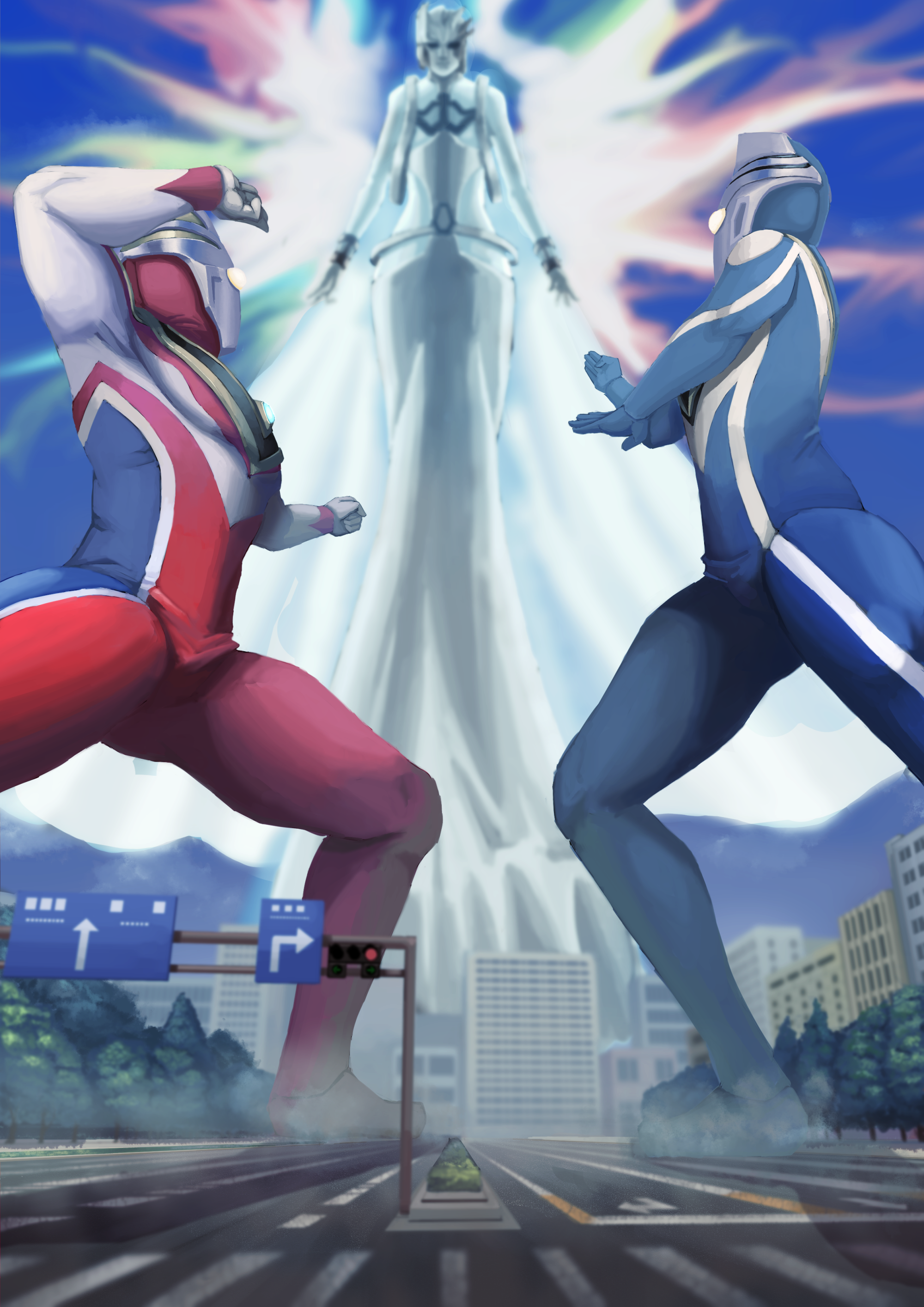 doukesi969, ultraman agul, ultraman gaia, ultraman gaia (supreme version), tokusatsu, ultra series, ultraman gaia (series), absurdres, commentary, highres, 1girl, 2boys, alien, arm up, armor, asymmetrical horns, black eyes, blue skin, blue sky, blurry, breastplate, building, city, cityscape, clenched hand, color timer, colored skin, compound eyes, crosswalk, day, depth of field, dorsal fin, dress, dust cloud, fighting stance, foot out of frame, from below, giant, giant male, giantess, glowing, glowing eyes, gold trim, gradient eyes, hands up, horns, legs apart, looking up, multicolored eyes, multicolored skin, multiple boys, muscular, muscular male, no pupils, outdoors, pectorals, red skin, road, road sign, shoulder armor, sign, silver skin, sky, spine, standing, toned, toned male, traffic light, tree, turn right sign, two-tone skin, white dress, white eyes, wrinkled skin, zogu (ultra series)