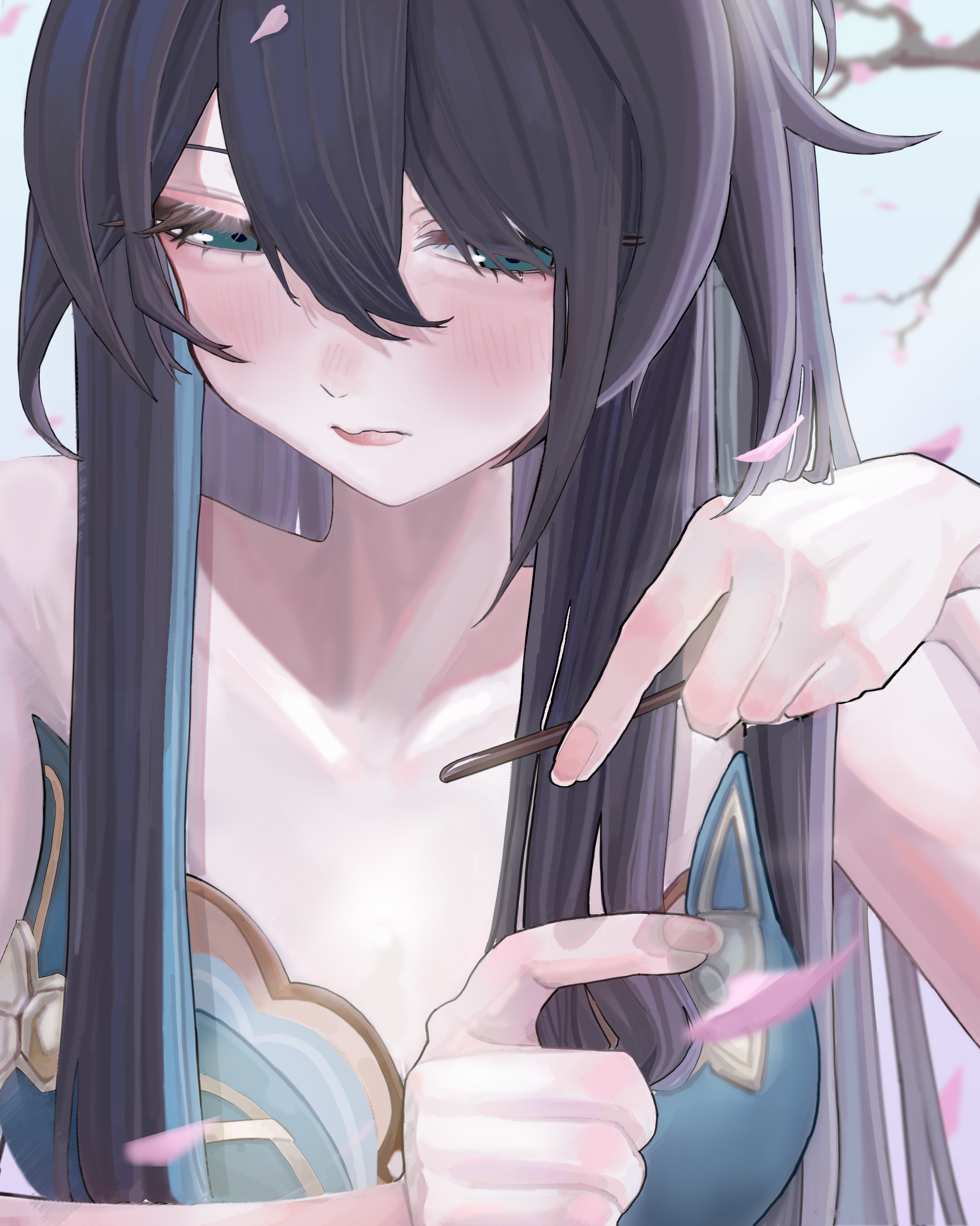 ruan mei (honkai: star rail), honkai: star rail, honkai (series), absurdres, commentary request, highres, 1girl, aon (aon0 01234), aqua eyes, aqua streaks, bare shoulders, black hair, breasts, brushing hair, collarbone, dress, hair between eyes, hair down, light blush, long hair, petals, solo