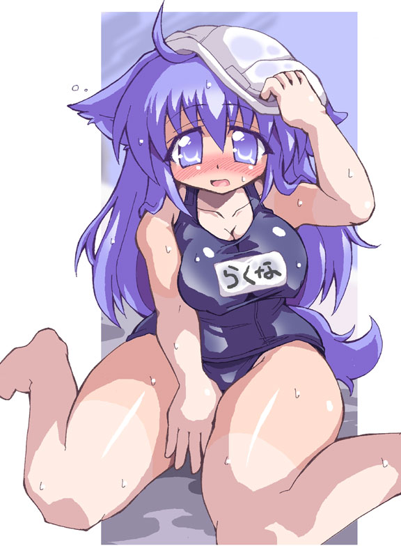 rakuma kanori, 1girl, ahoge, animal ears, blue eyes, blue hair, blush, breasts, cleavage, covered erect nipples, curvy, female focus, hip focus, large breasts, long hair, matching hair/eyes, plump, school swimsuit, solo, swimsuit, tail, tan, thick thighs, thighs, wet, wide hips
