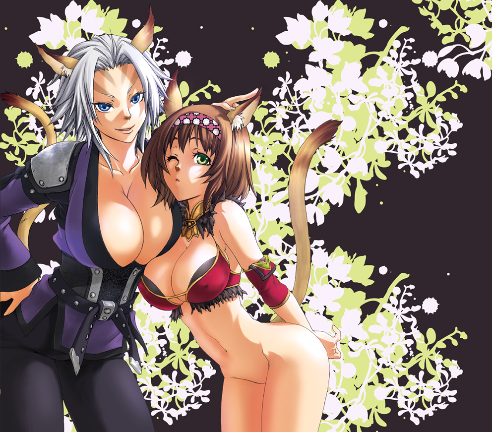 tachibana chata, mithra (ff11), final fantasy, final fantasy xi, 00s, 2girls, animal ears, bottomless, breasts, brown hair, cat ears, cat tail, cleavage, huge breasts, large breasts, multiple girls, navel, one eye closed, tail, white hair, wink