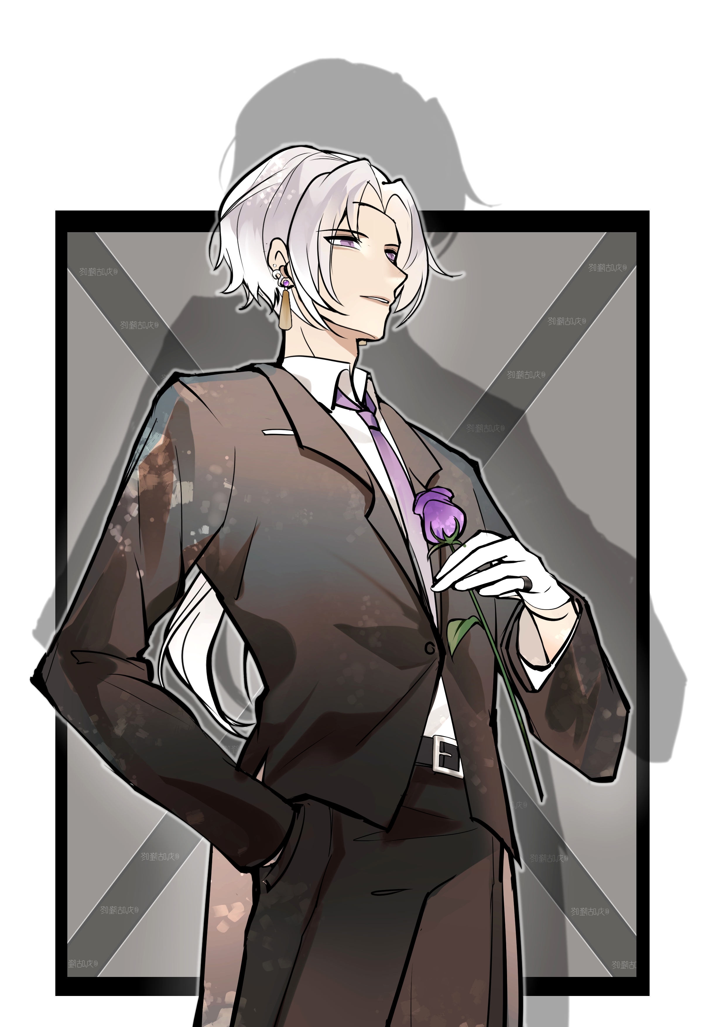 wangulongdong, hua yi shanxin zhiyue, absurdres, chinese commentary, highres, 1boy, alternate costume, alternate hair length, alternate hairstyle, belt, belt buckle, black belt, black jacket, black pants, black suit, border, buckle, collared shirt, contemporary, cowboy shot, curtained hair, dress pants, earrings, flower, formal clothes, gloves, grey border, half gloves, hand in pocket, holding, holding flower, jacket, jewelry, lapels, ling yan ru, long sleeves, looking ahead, low ponytail, male focus, necktie, notched lapels, outside border, pants, parted bangs, parted lips, pinky ring, ponytail, purple eyes, purple flower, purple necktie, purple rose, rose, shadow, shirt, simple background, solo, standing, suit, suit jacket, tassel, tassel earrings, undercut, white border, white gloves, white hair, white shirt