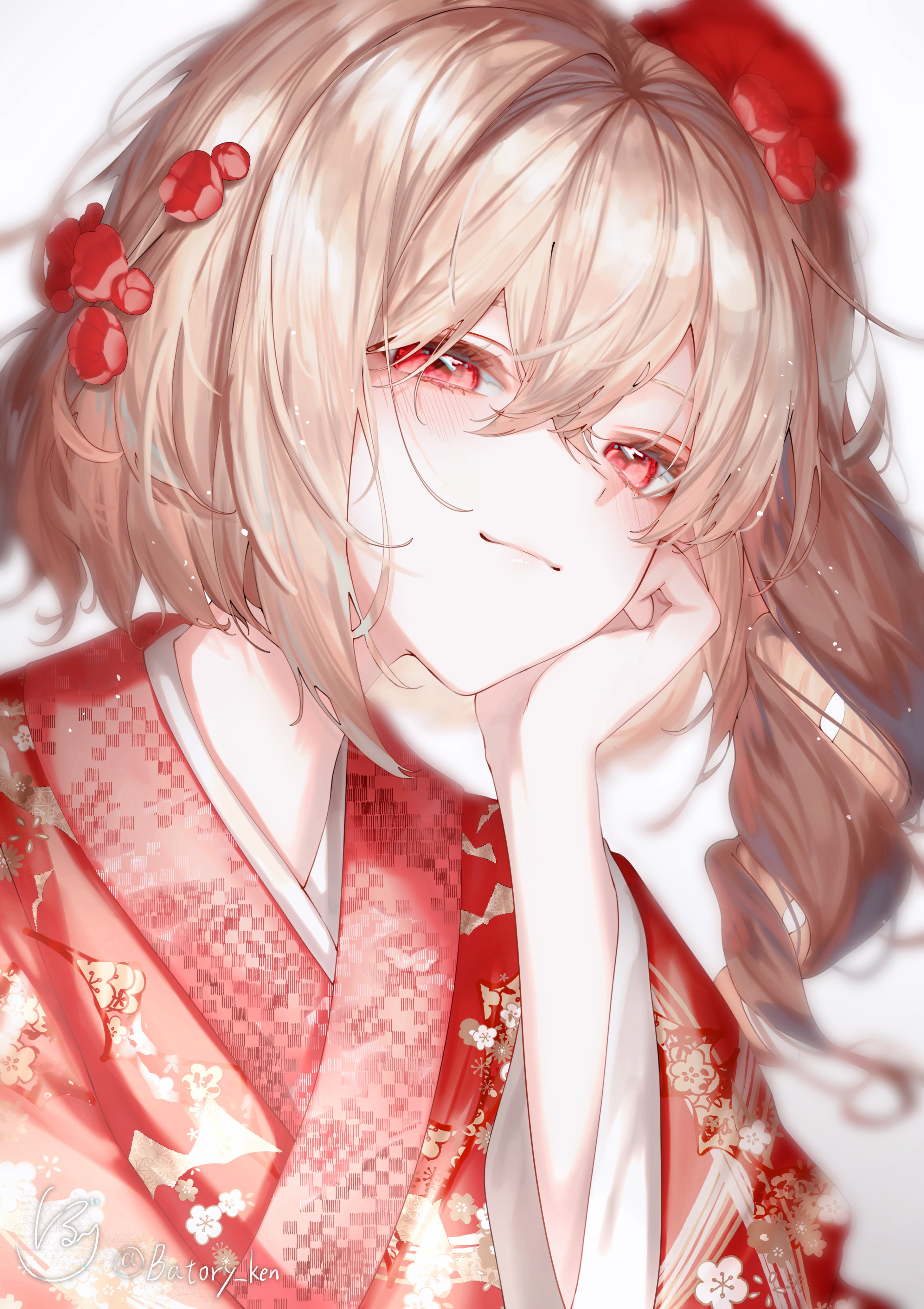 batory ken, flandre scarlet, touhou, absurdres, commentary request, highres, 1girl, alternate costume, blonde hair, closed mouth, floral print, flower, hair flower, hair ornament, hand on own cheek, hand on own face, japanese clothes, kimono, looking at viewer, one side up, print kimono, red eyes, red flower, red kimono, signature, smile, solo, twitter username