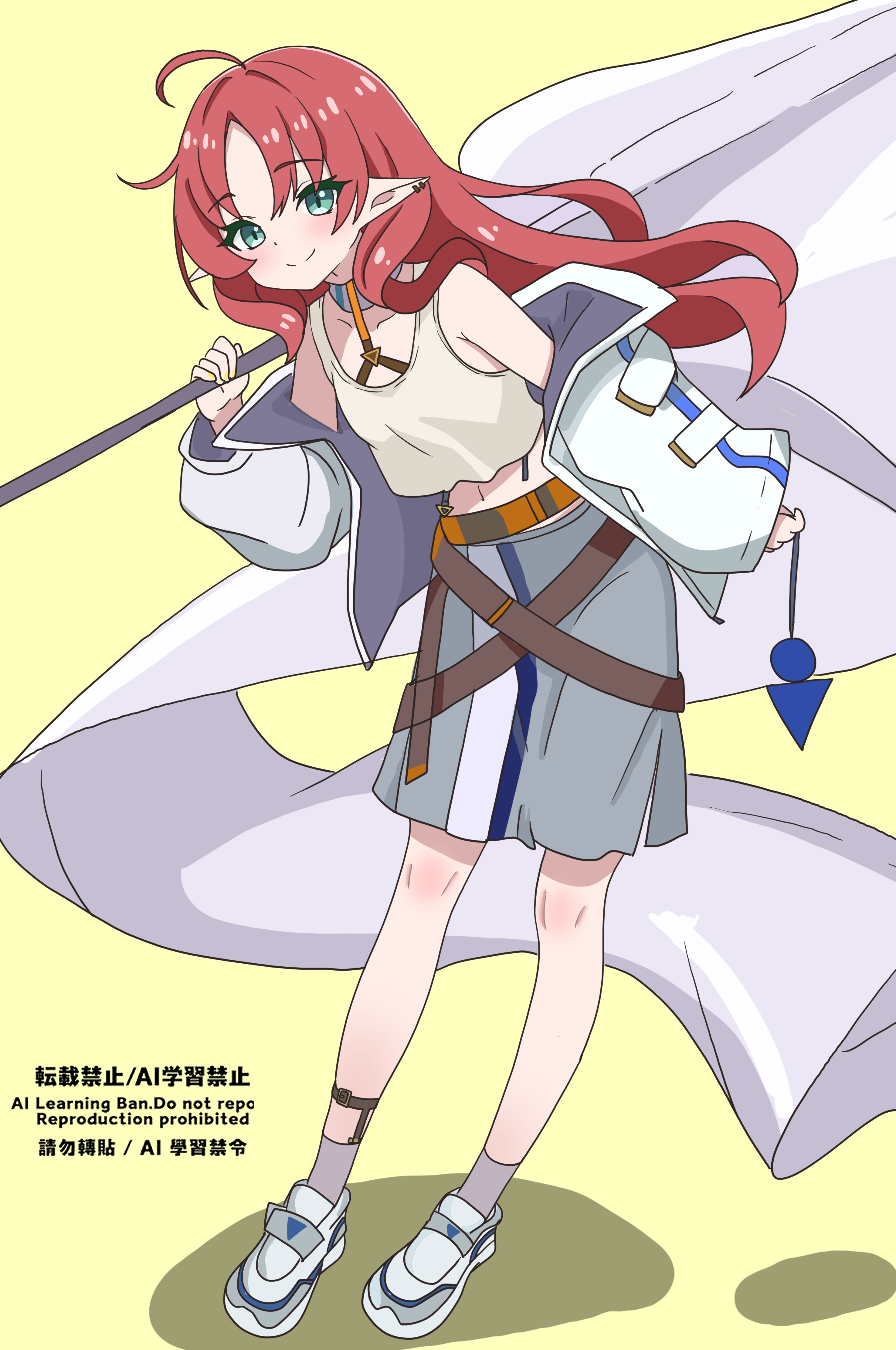 eggplant7217, myrtle (arknights), arknights, absurdres, commentary request, highres, partial commentary, bare shoulders, blush, closed mouth, crop top, flag, full body, green eyes, grey skirt, grey socks, grey tank top, holding, holding flag, jacket, leaning, long hair, looking at viewer, navel, off shoulder, parted bangs, pointy ears, red hair, shoes, skirt, smile, socks, split mouth, standing, strap, tank top, watermark, white jacket, white shoes, yellow background