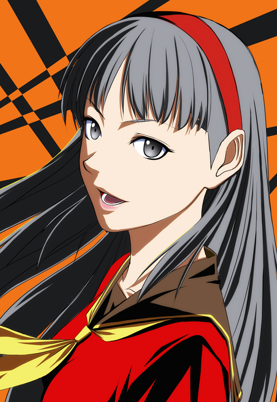 yamagami mozuku, amagi yukiko, atlus, persona, persona 4, 1girl, :d, black eyes, black hair, female focus, green eyes, hairband, long hair, looking at viewer, neckerchief, open mouth, red shirt, school uniform, serafuku, shirt, smile, solo, very long hair