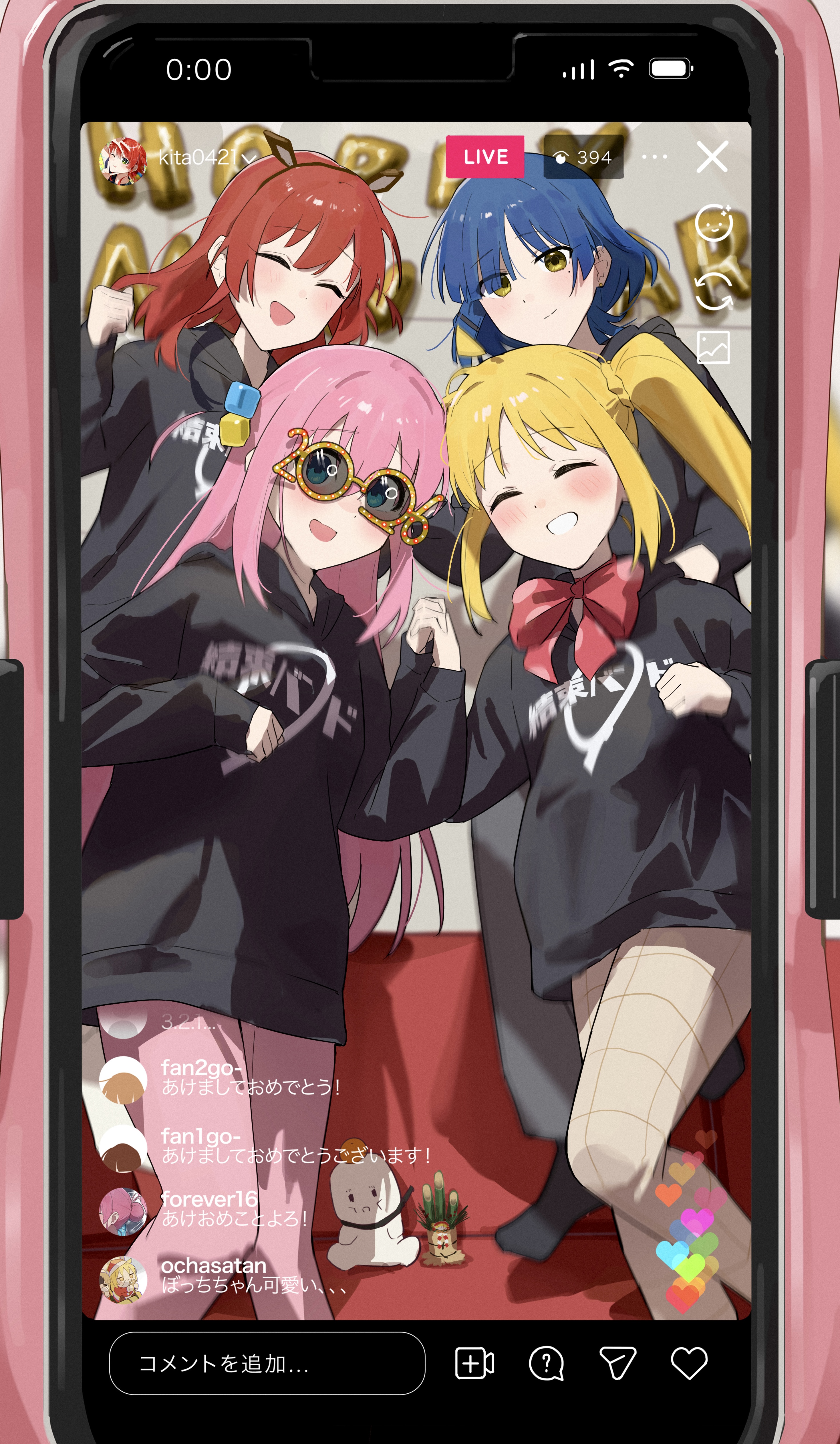 seisyuntarotto, gotoh hitori, ijichi nijika, kita ikuyo, yamada ryo, bocchi the rock!, absurdres, commentary request, highres, 4girls, :d, ^ ^, ahoge, black shirt, blonde hair, blue hair, blush, bow, bowtie, cellphone, closed eyes, closed mouth, cube hair ornament, facing viewer, feet out of frame, grey pants, hair ornament, kessoku band, kessoku band logo, long hair, long sleeves, looking at viewer, multiple girls, number glasses, one side up, open mouth, pants, phone, pink hair, pink pants, polka dot, polka dot bow, polka dot bowtie, red bow, red bowtie, red hair, shirt, short hair, side ponytail, sidelocks, smartphone, smile, sunglasses, yellow eyes