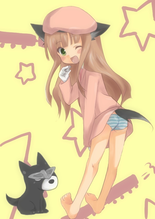 ak1222dece, bad id, bad pixiv id, 1girl, animal, barefoot, blush stickers, child, dog, feet, glasses, hat, one eye closed, open mouth, panties, pantyshot, smile, standing, striped clothes, striped panties, underwear, wink