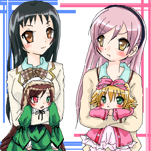 hinaichigo, kuwatani natsuko, nanto yaya, nogawa sakura, okuwaka tsubomi, suiseiseki, rozen maiden, strawberry panic!, lowres, 00s, :<, :t, black hair, blonde hair, blush, bow, brown eyes, brown hair, dress, green eyes, hair bow, hairband, heterochromia, long hair, oekaki, pink hair, school uniform, very long hair, voice actor connection, white background, yellow eyes